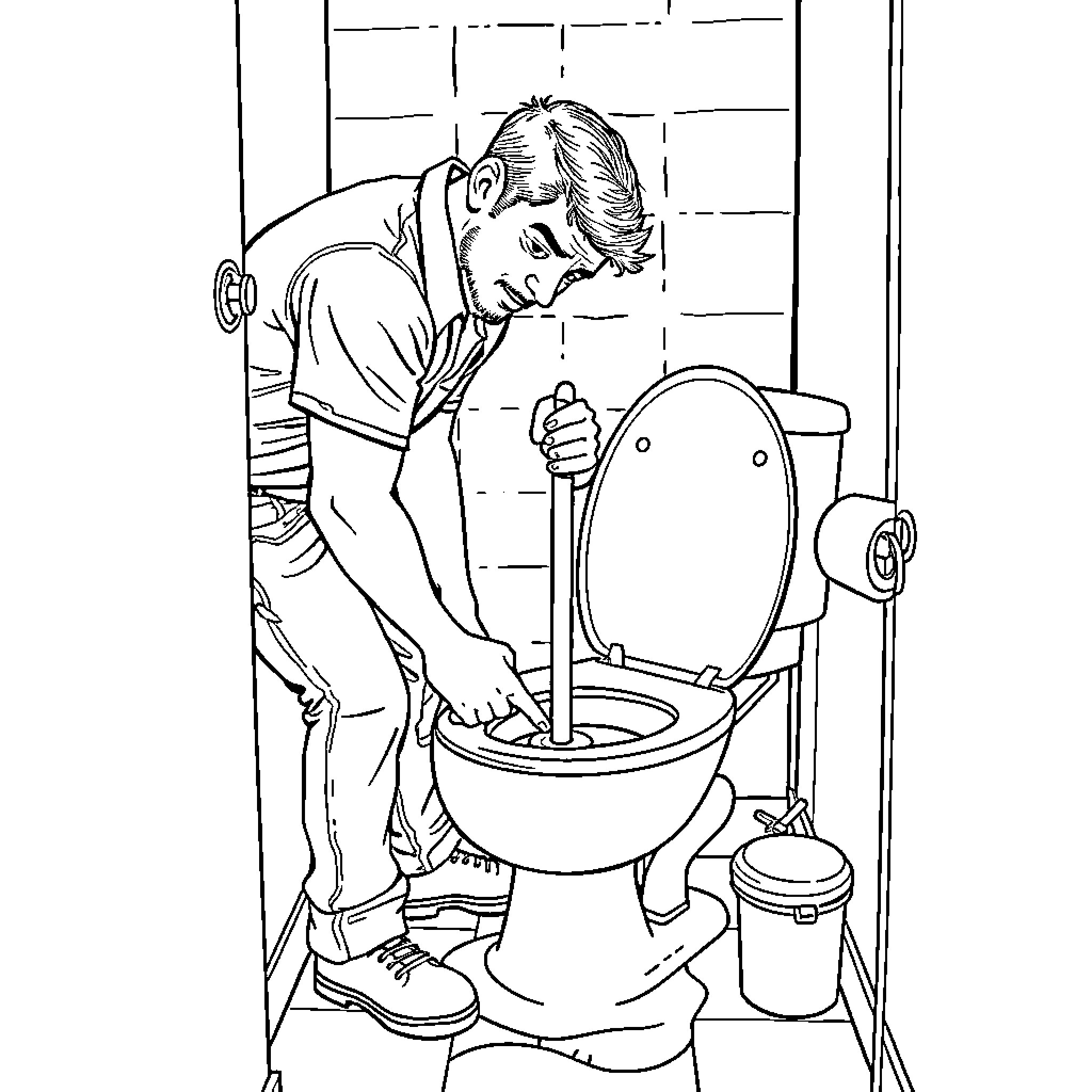 Maintenance Guy Fixing Toilet in Bathroom Coloring Page (free black-and-white line drawing printable PDF for all, from beginners to advanced learners, including children, teens, adults, and seniors)