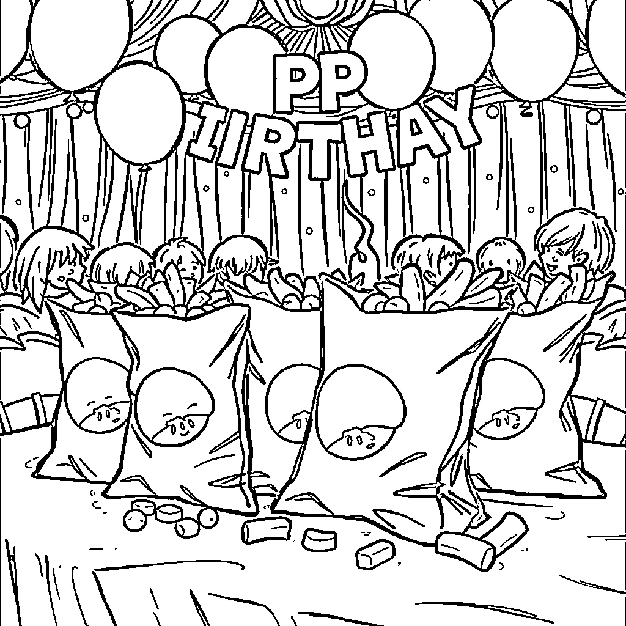 Chip's Happy Birthday Party with Balloons and Gifts Coloring Page (free black-and-white line drawing printable PDF for all, from beginners to advanced learners, including children, teens, adults, and seniors)