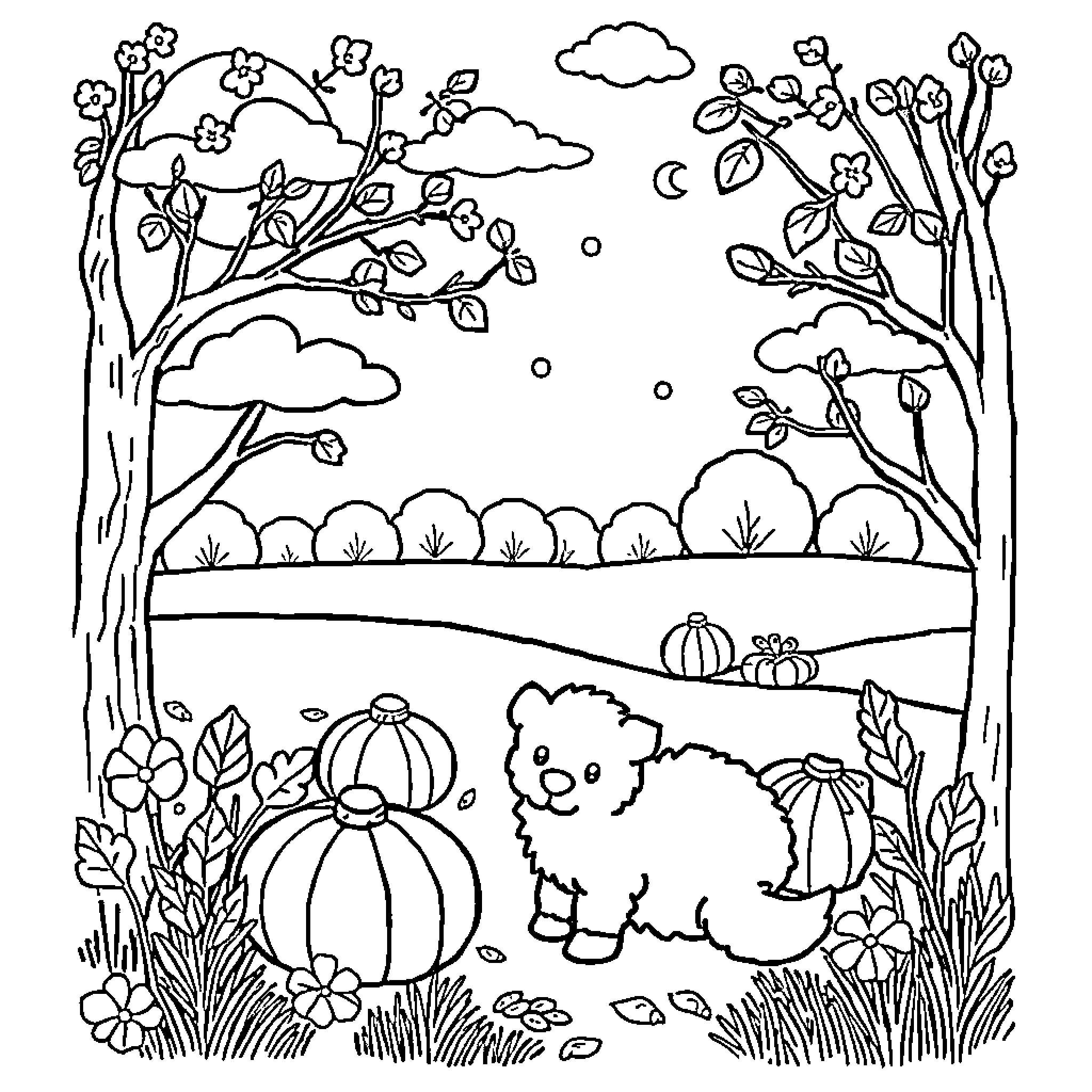 Fuzzy Woodland Critter Autumn Scene Coloring Page (free black-and-white line drawing printable PDF for all, from beginners to advanced learners, including children, teens, adults, and seniors)