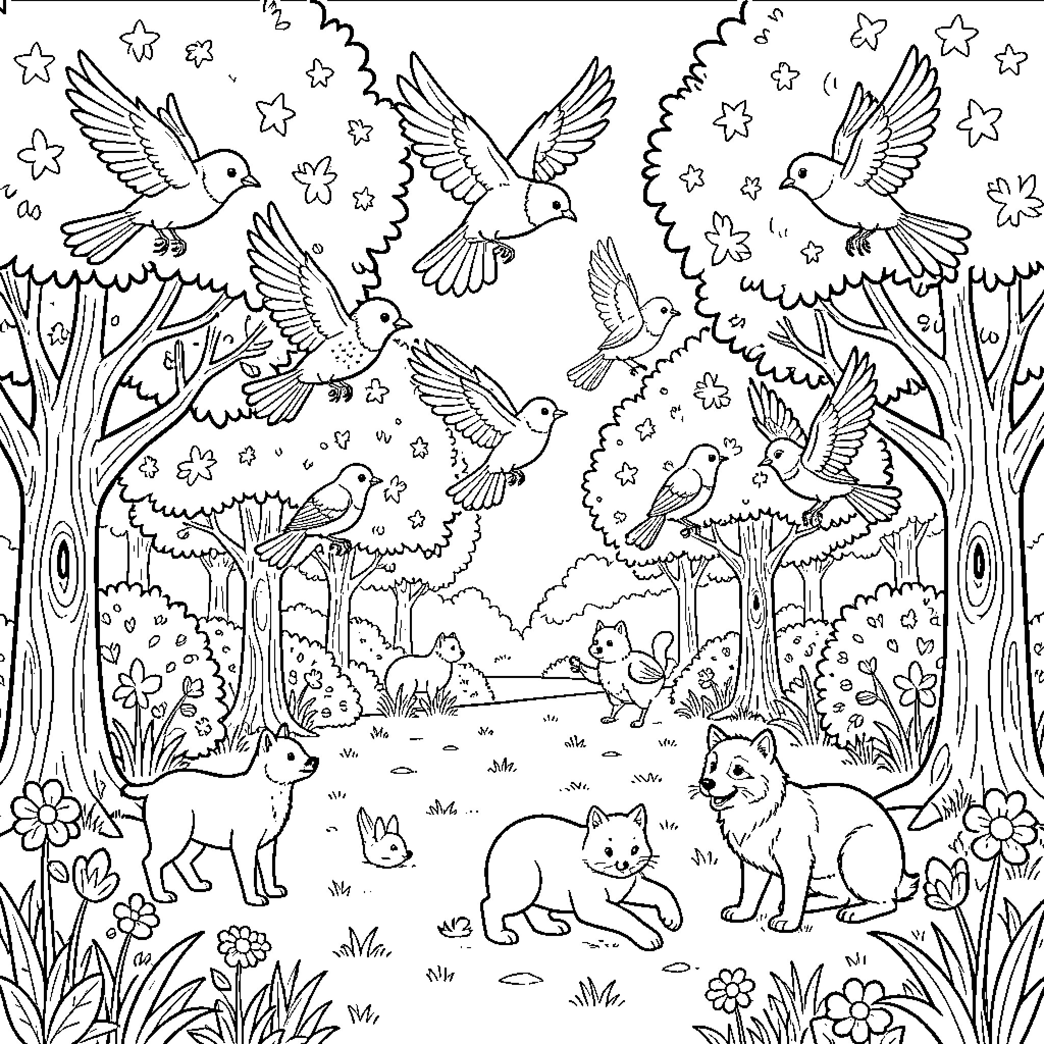 Birds soaring joyfully in a whimsical forest landscape Coloring Page (free black-and-white line drawing printable PDF for all, from beginners to advanced learners, including children, teens, adults, and seniors)
