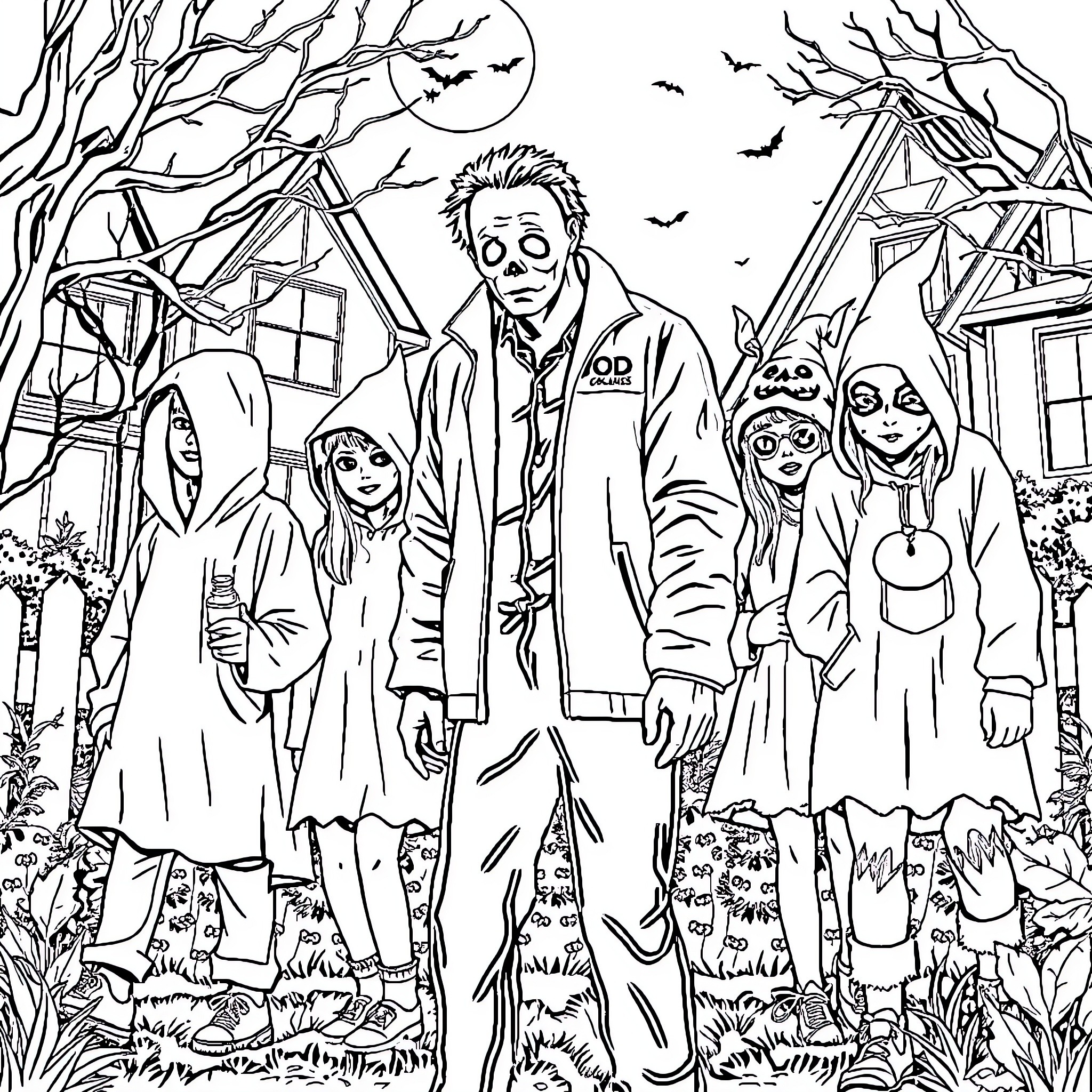 Michael Myers' Terrifying Halloween Encounter with a Family Coloring Page (free black-and-white line drawing printable PDF for all, from beginners to advanced learners, including children, teens, adults, and seniors)
