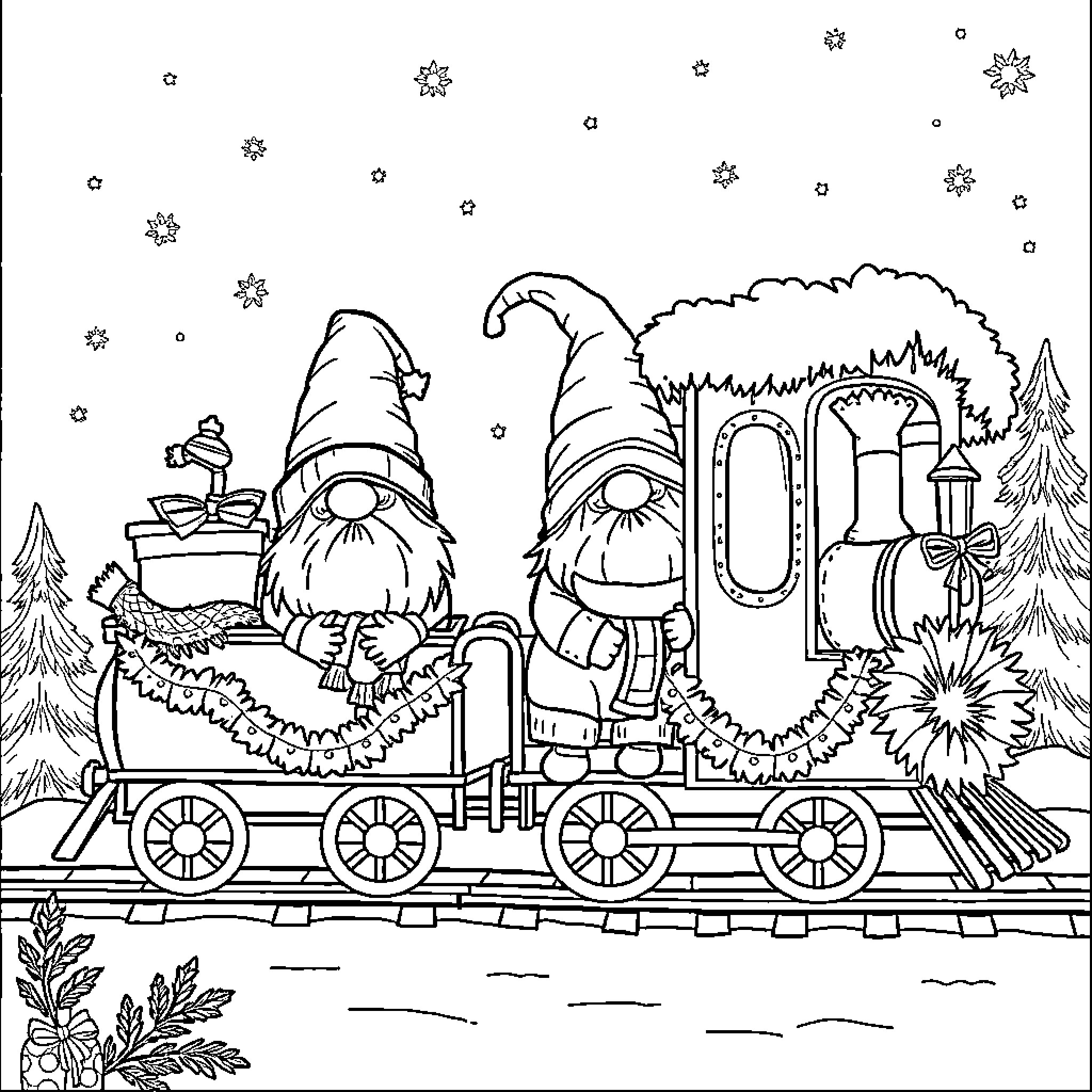 Gnome Couple Riding Festive Train through Snowy Forest Coloring Page (free black-and-white line drawing printable PDF for all, from beginners to advanced learners, including children, teens, adults, and seniors)