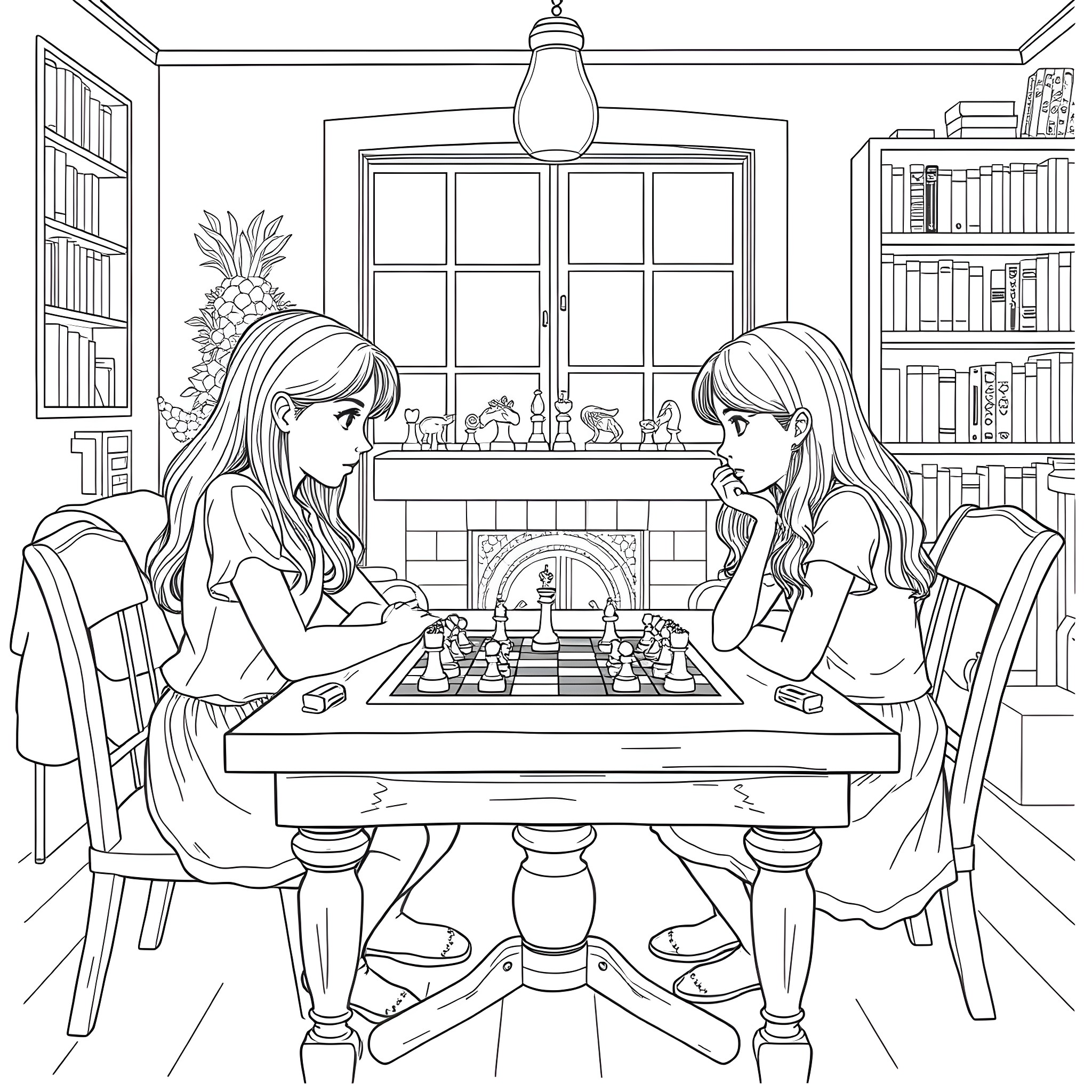 Sister playing chess together in cozy living room Coloring Page (free black-and-white line drawing printable PDF for all, from beginners to advanced learners, including children, teens, adults, and seniors)