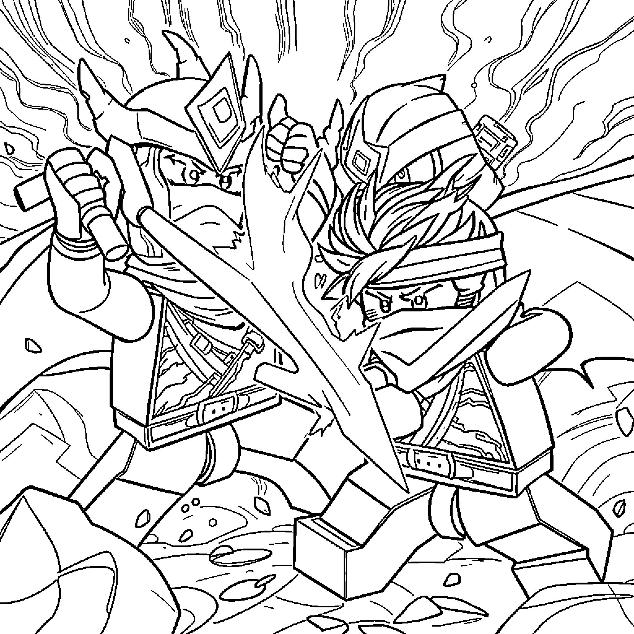 Cole's Robotic Warriors Clash in Intense Battle Coloring Page (free black-and-white line drawing printable PDF for all, from beginners to advanced learners, including children, teens, adults, and seniors)