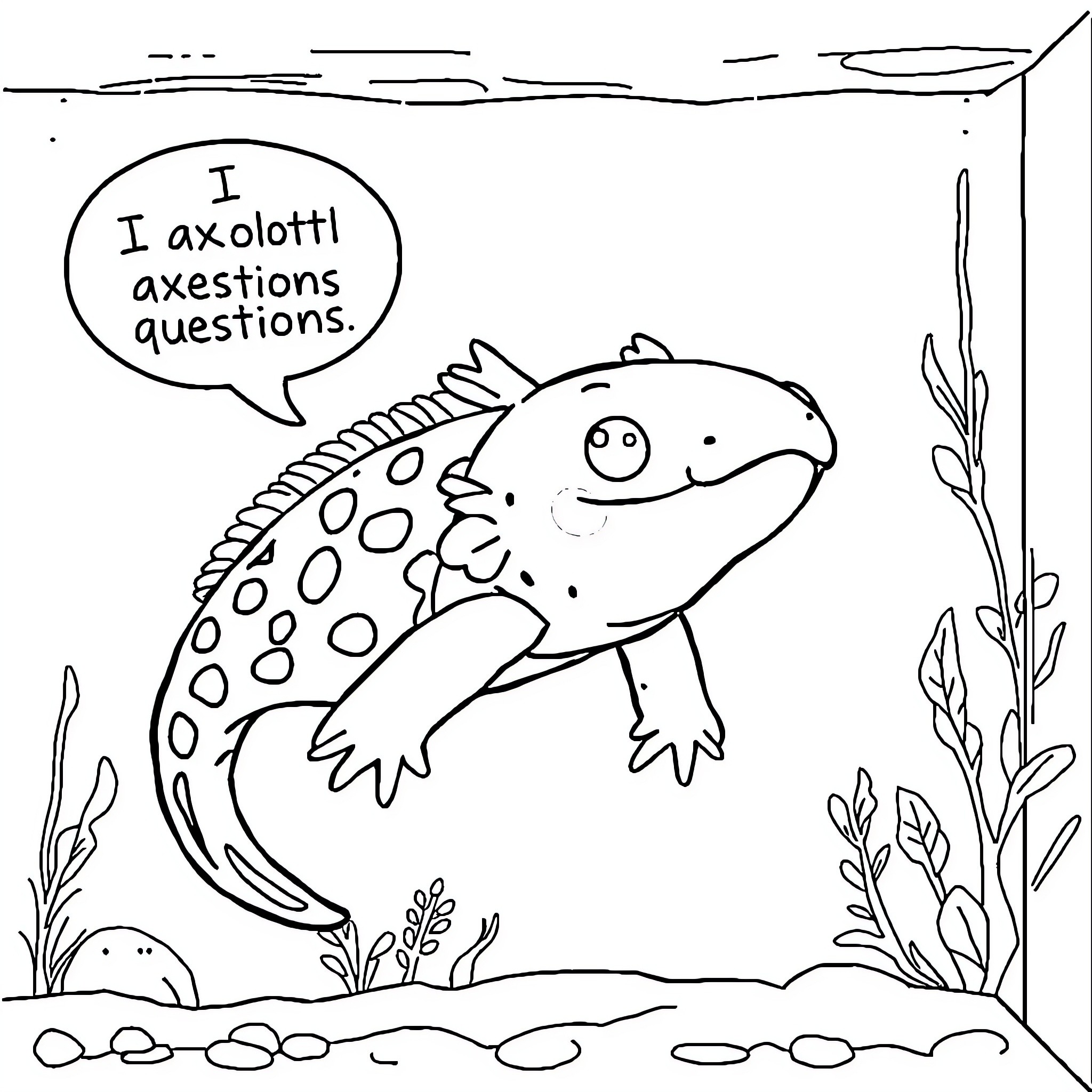 Axolotl asking questions Coloring Page (free black-and-white line drawing printable PDF for all, from beginners to advanced learners, including children, teens, adults, and seniors)