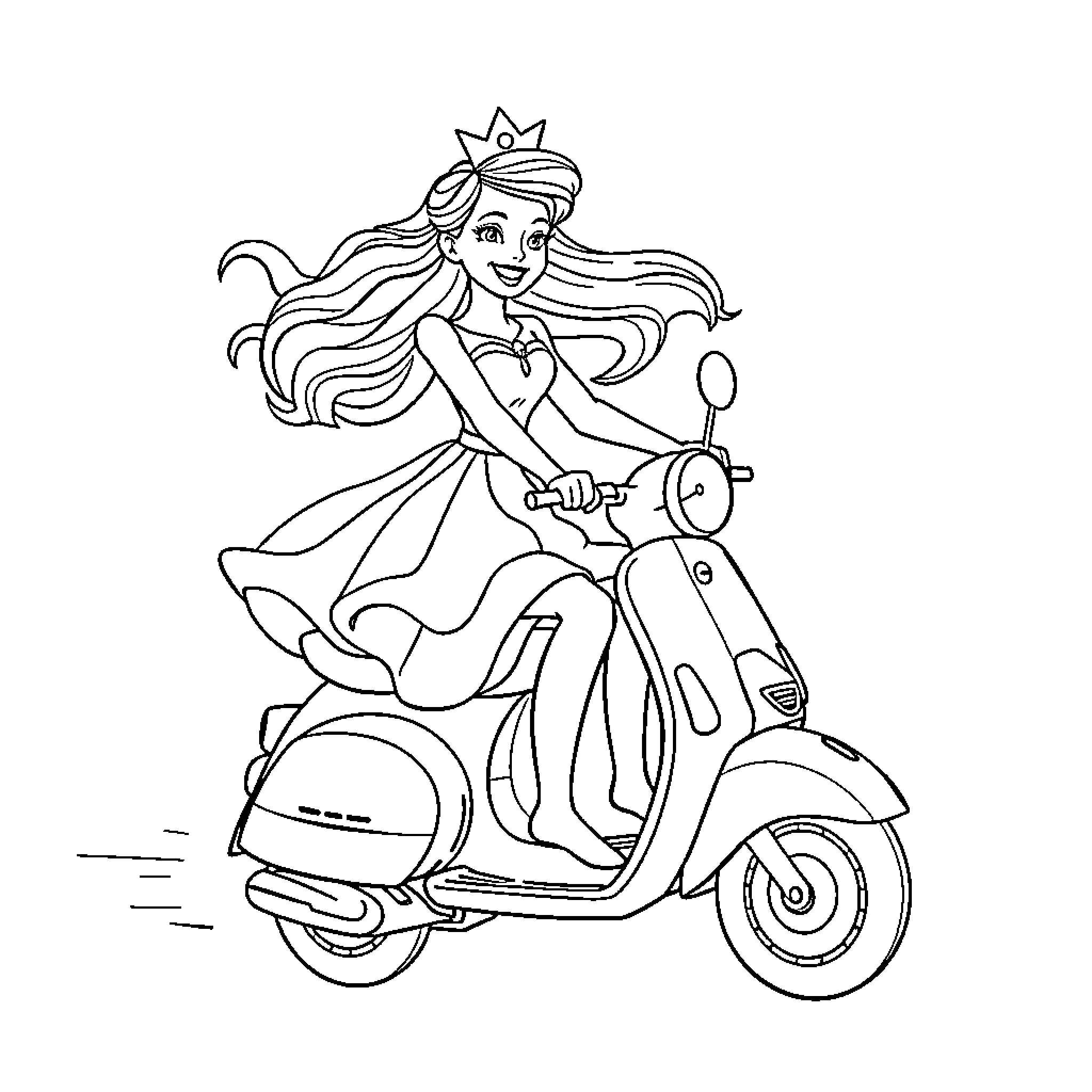 Princess Riding a Scooter Cheerfully Coloring Page (free black-and-white line drawing printable PDF for all, from beginners to advanced learners, including children, teens, adults, and seniors)
