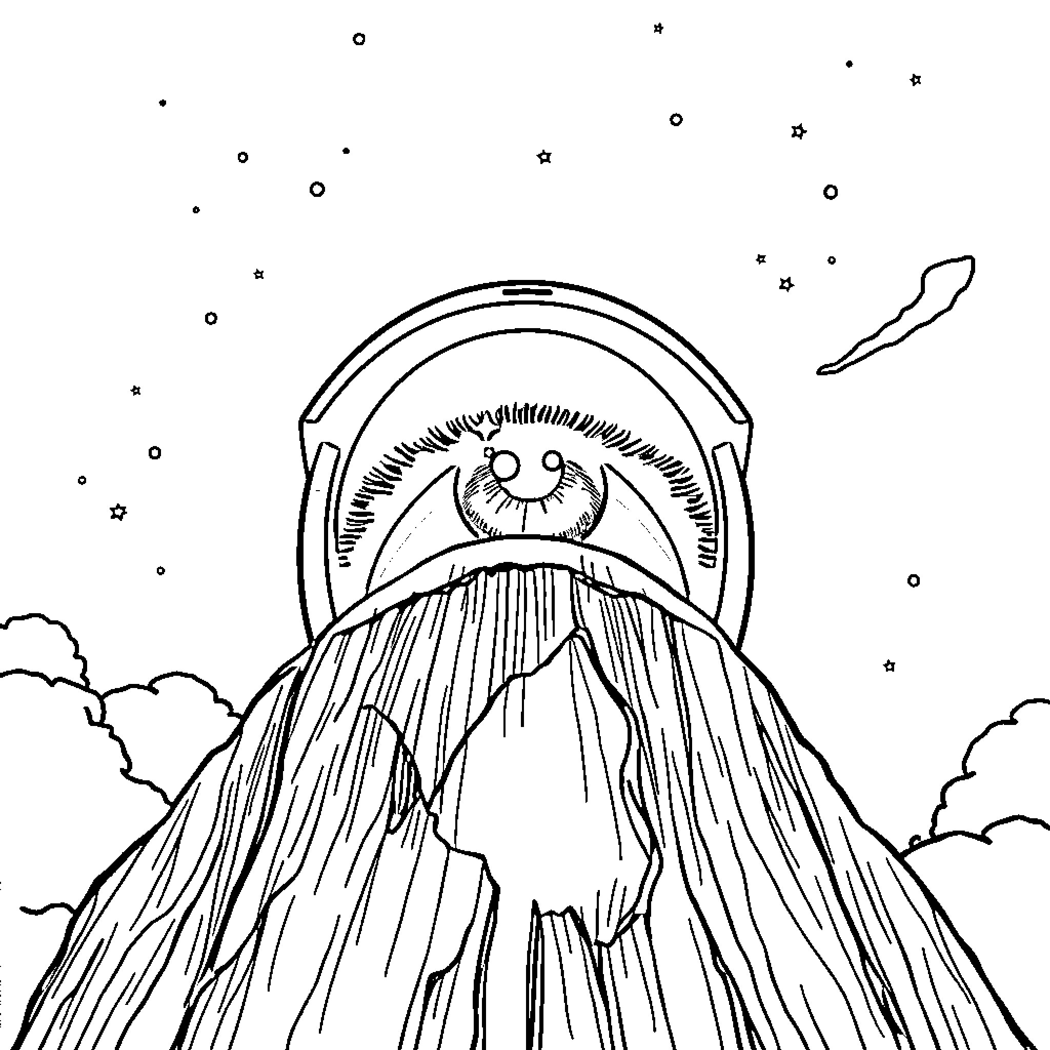 Tool Eye peering into a rugged landscape Coloring Page (free black-and-white line drawing printable PDF for all, from beginners to advanced learners, including children, teens, adults, and seniors)