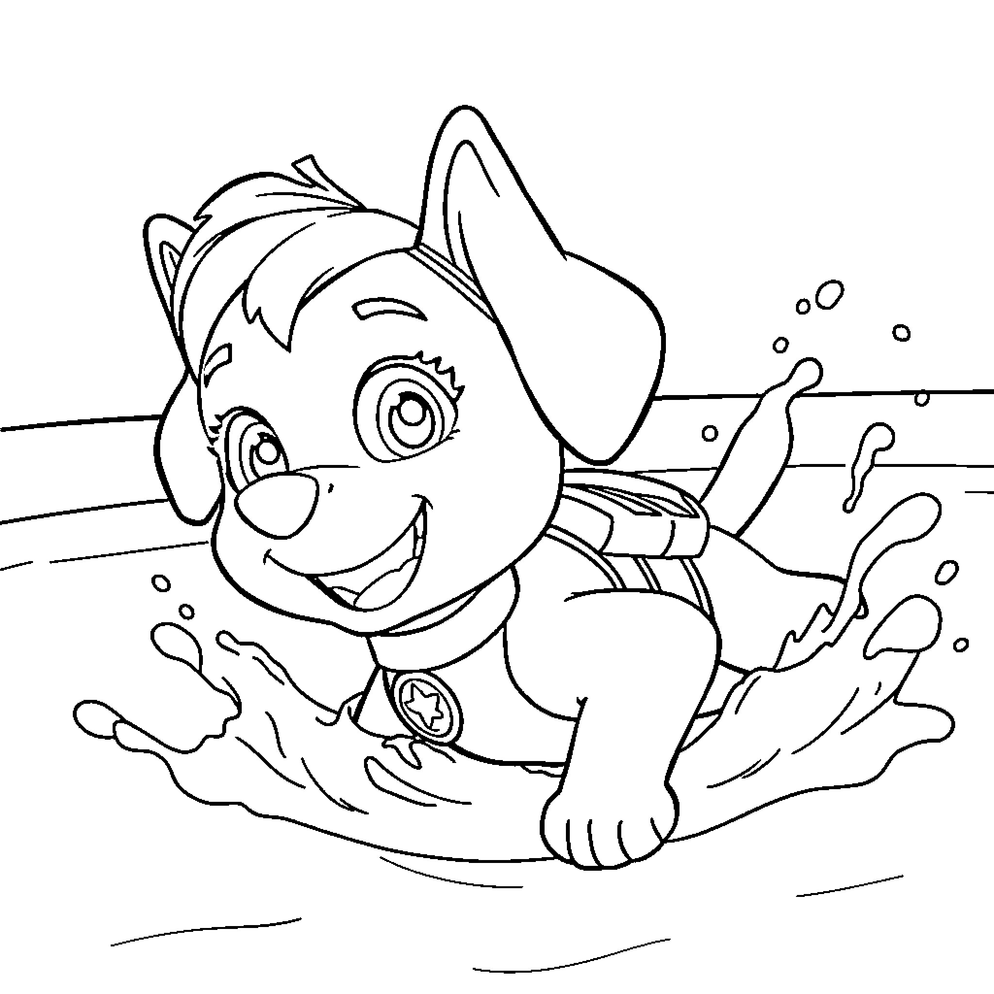 Skye swimming happily in the water Coloring Page (free black-and-white line drawing printable PDF for all, from beginners to advanced learners, including children, teens, adults, and seniors)
