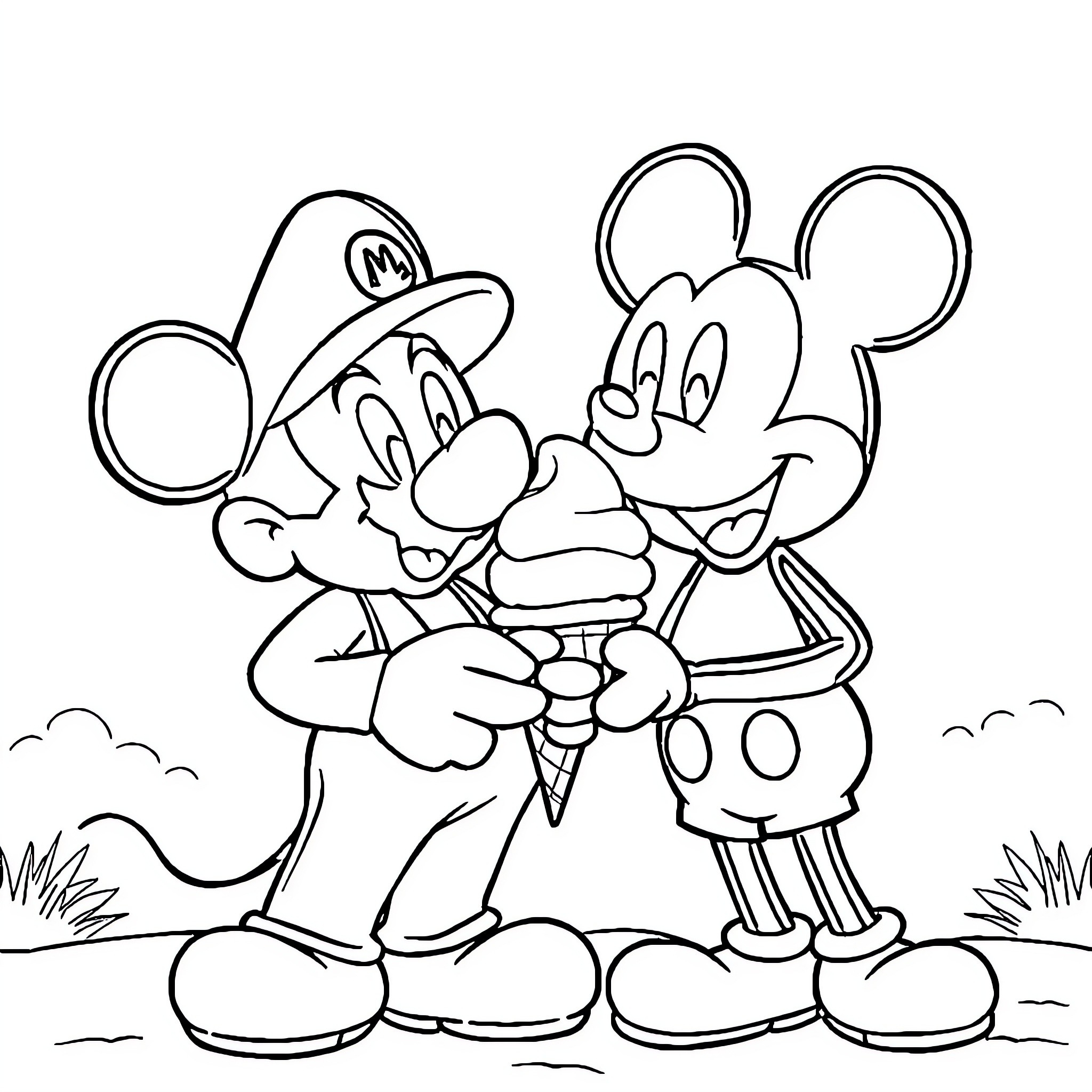 Mario and Mickey Mouse Sharing Ice Cream Coloring Page (free black-and-white line drawing printable PDF for all, from beginners to advanced learners, including children, teens, adults, and seniors)