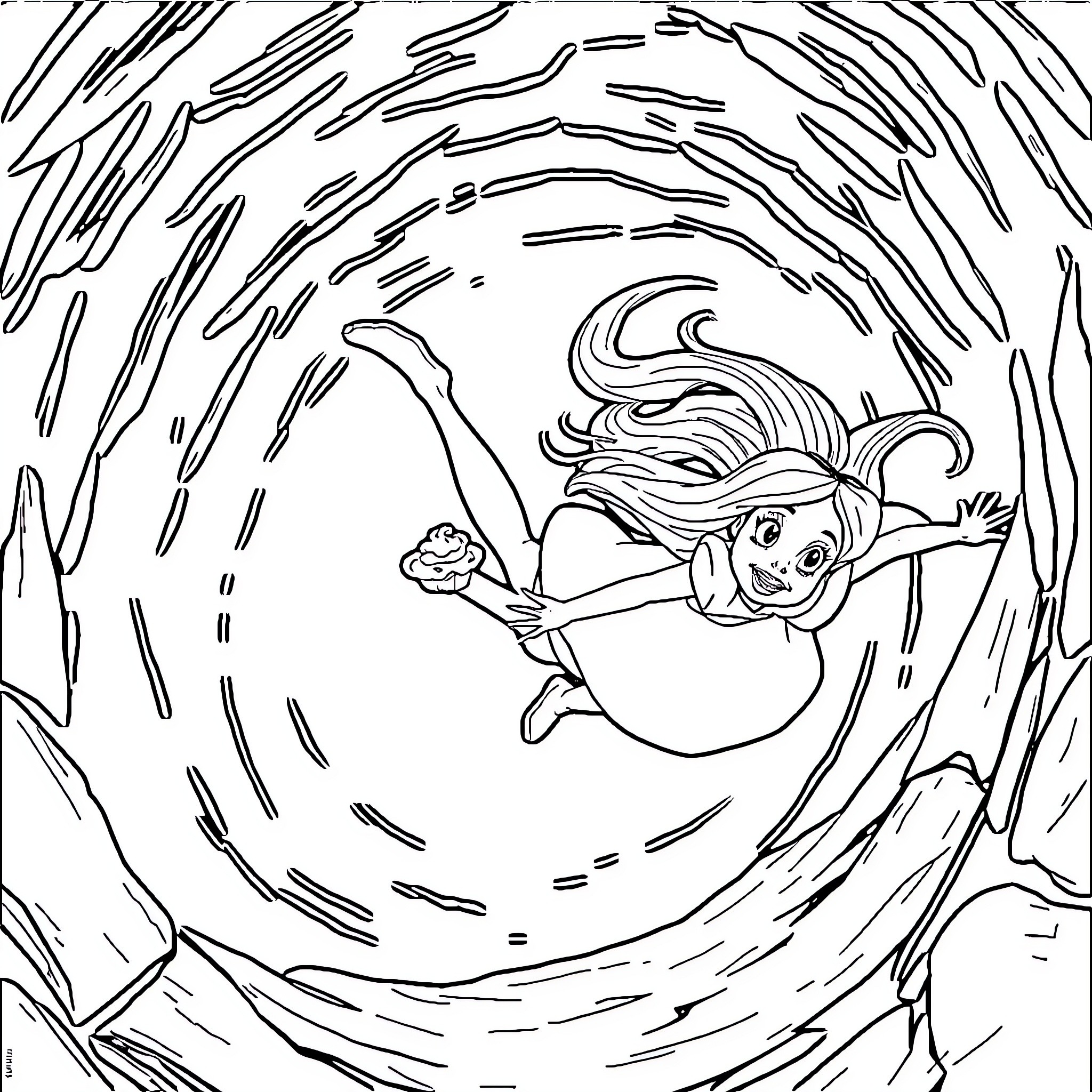 Alice's Whimsical Adventure in the Forest Coloring Page (free black-and-white line drawing printable PDF for all, from beginners to advanced learners, including children, teens, adults, and seniors)