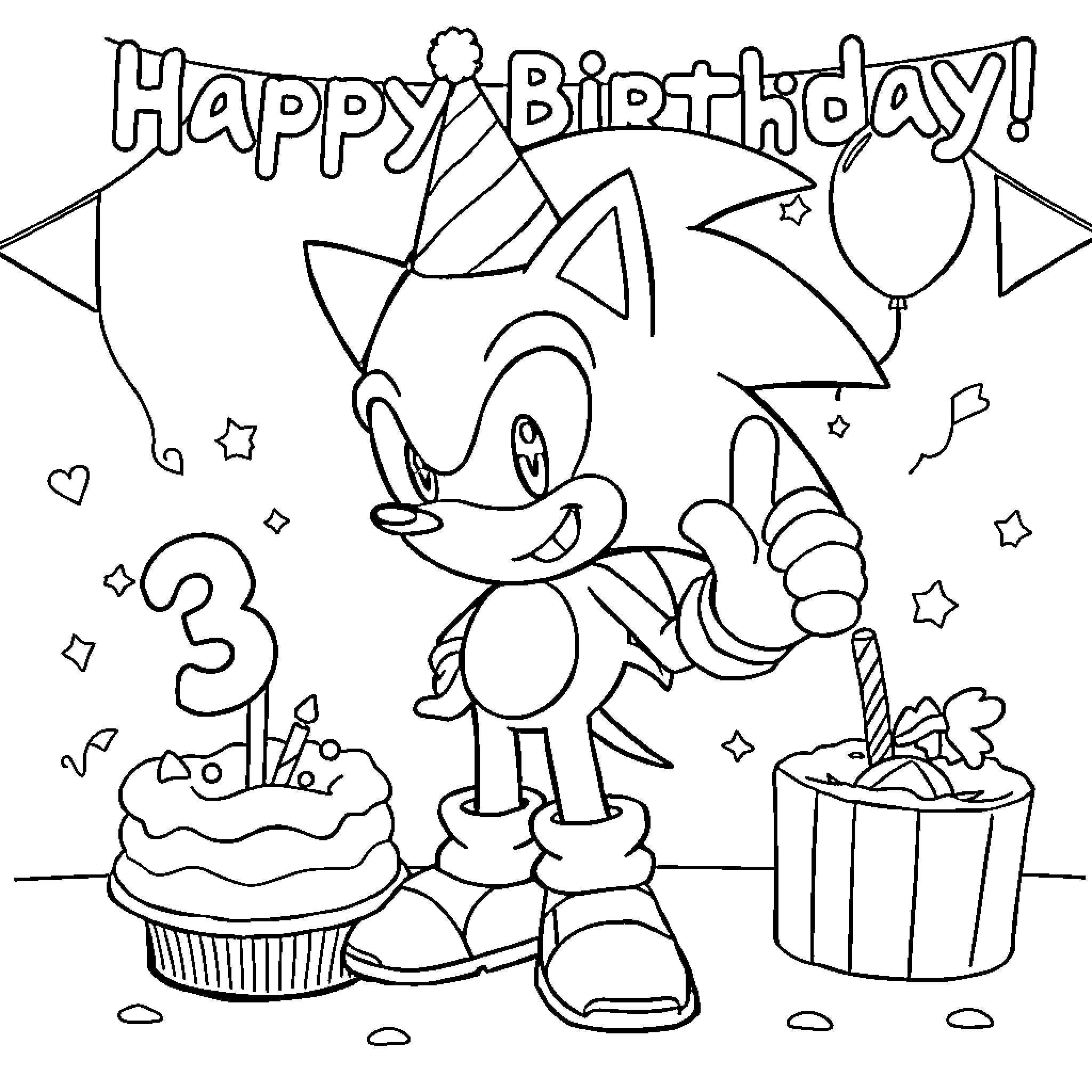 Sonic's Celebratory Birthday with Cake and Balloons Coloring Page (free black-and-white line drawing printable PDF for all, from beginners to advanced learners, including children, teens, adults, and seniors)