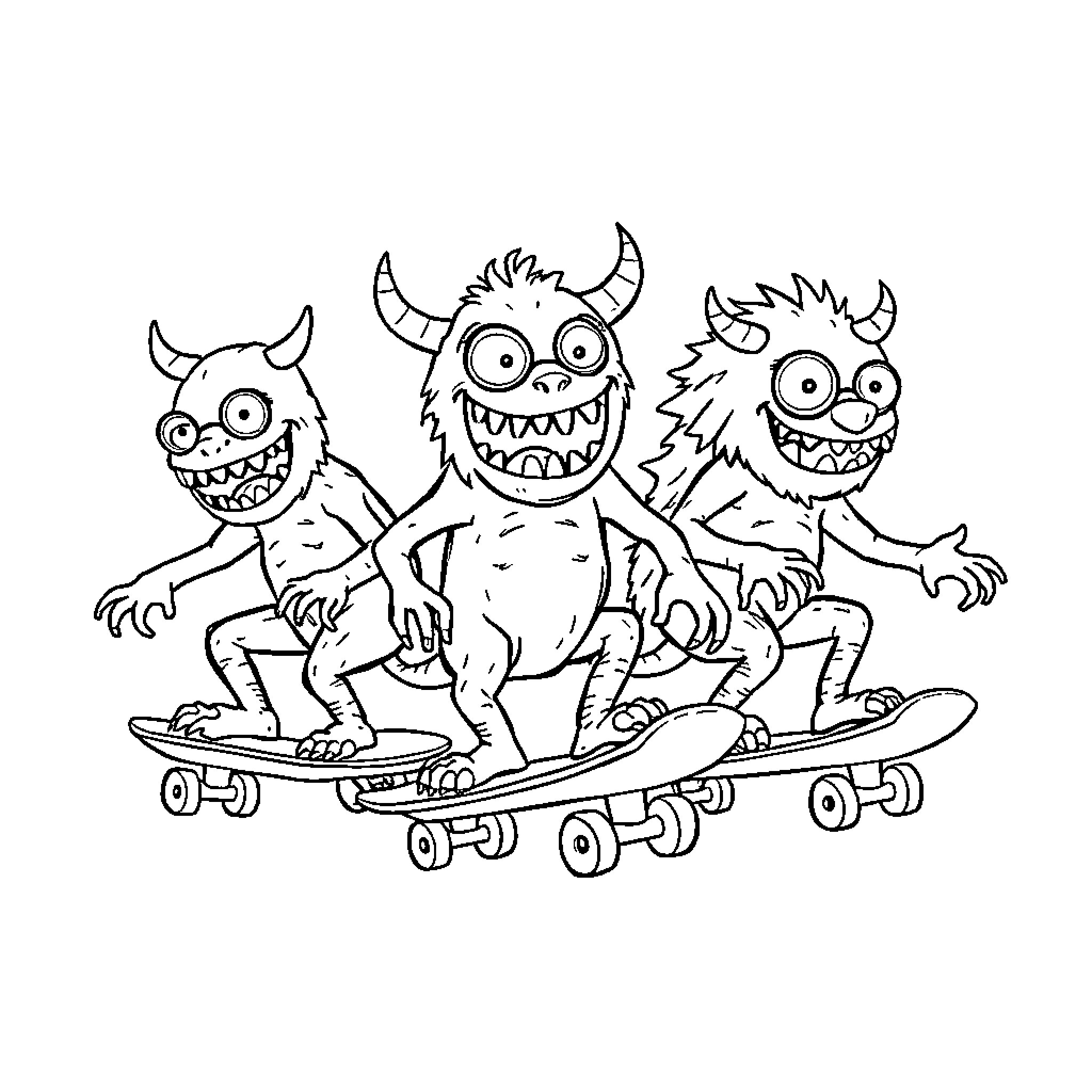 Monster trio riding on skateboards Coloring Page (free black-and-white line drawing printable PDF for all, from beginners to advanced learners, including children, teens, adults, and seniors)
