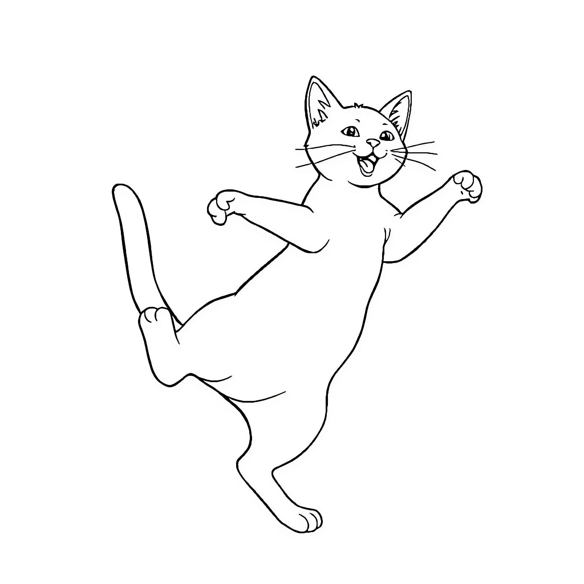 Cat dancing and celebrating Coloring Page (free black-and-white line drawing printable PDF for all, from beginners to advanced learners, including children, teens, adults, and seniors)