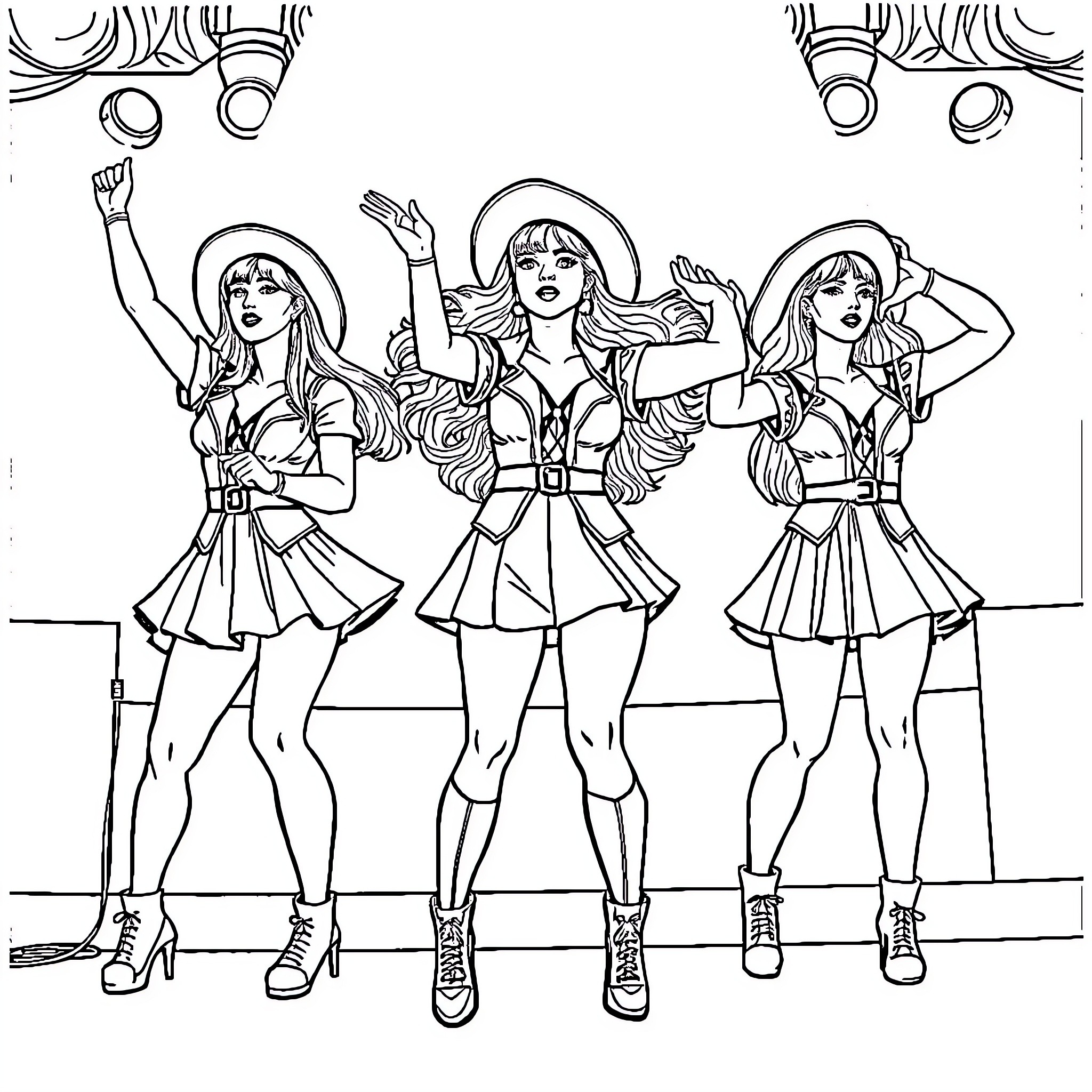 K Pop Warrior Trio: Empowered Performers in Action Coloring Page (free black-and-white line drawing printable PDF for all, from beginners to advanced learners, including children, teens, adults, and seniors)