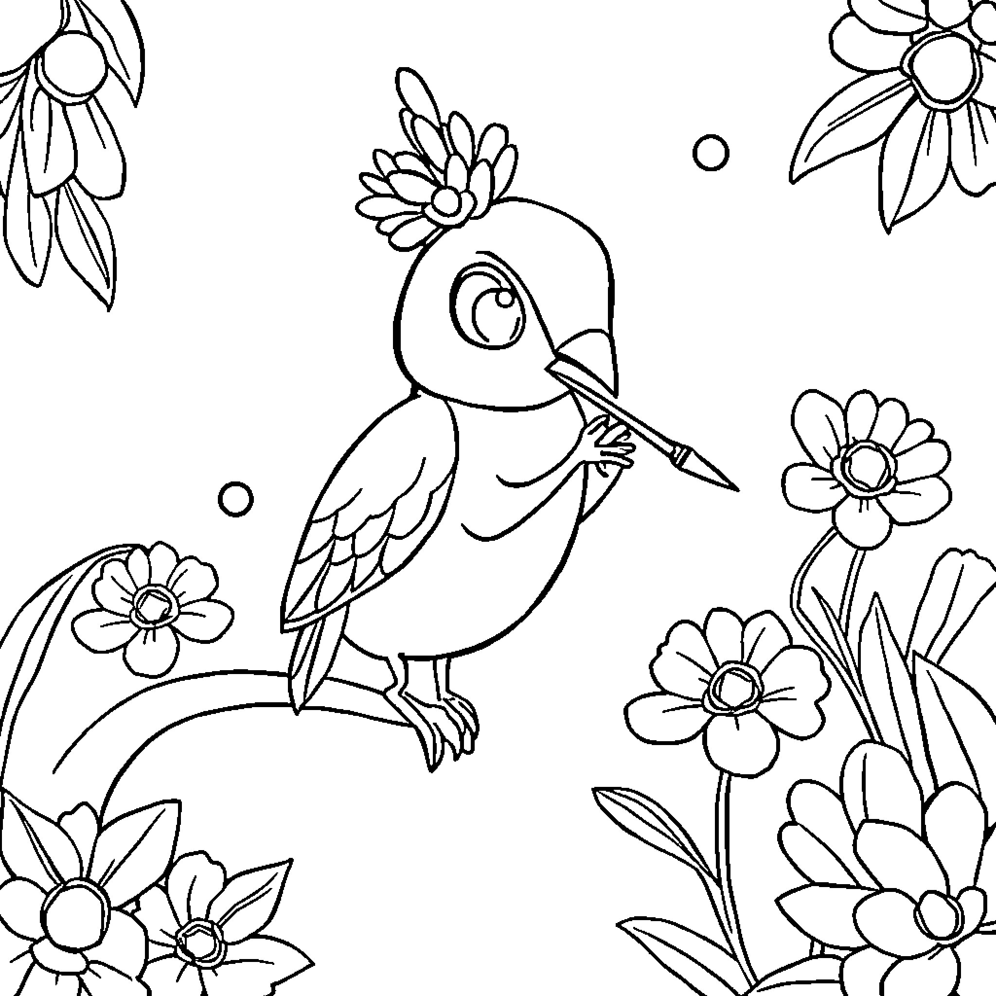 Pitufina's Floral Adventure Coloring Page (free black-and-white line drawing printable PDF for all, from beginners to advanced learners, including children, teens, adults, and seniors)