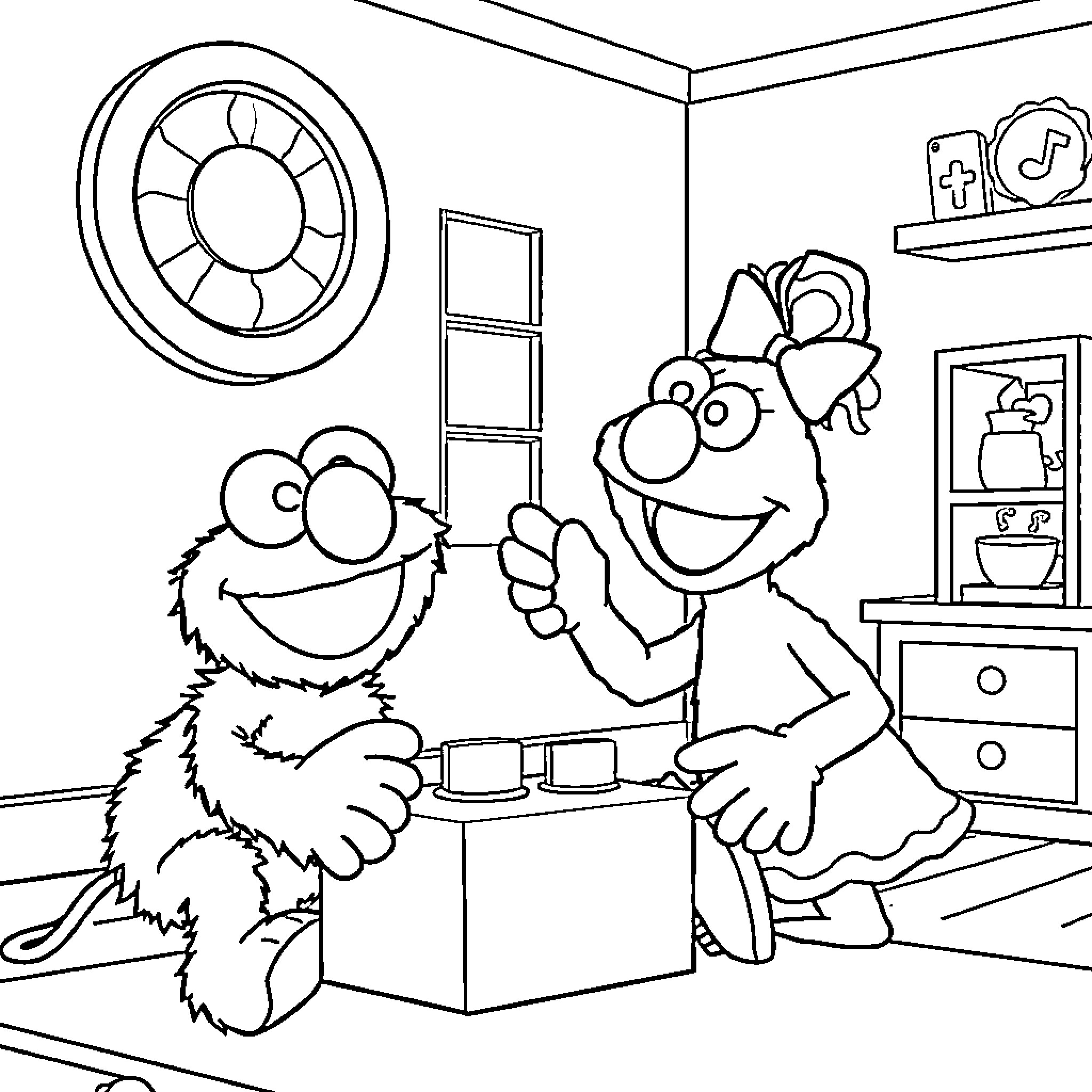 Elmo and friends playing with toys in the room Coloring Page (free black-and-white line drawing printable PDF for all, from beginners to advanced learners, including children, teens, adults, and seniors)
