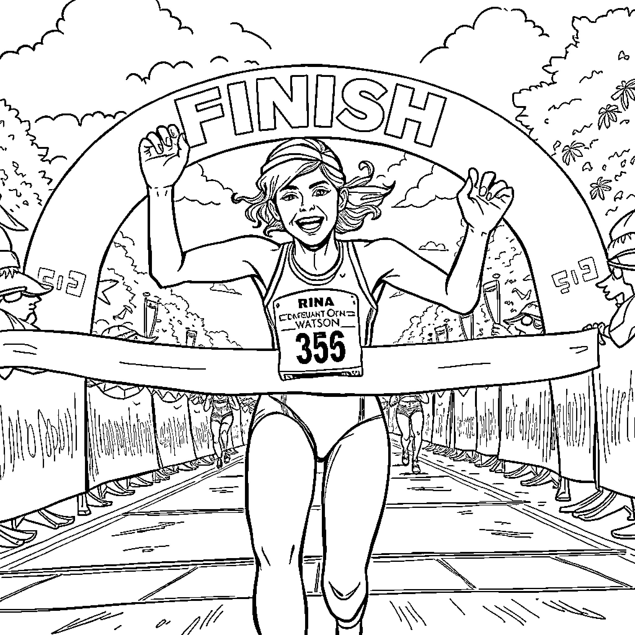 Emma Watson Celebrating Victory at Finish Line Coloring Page (free black-and-white line drawing printable PDF for all, from beginners to advanced learners, including children, teens, adults, and seniors)