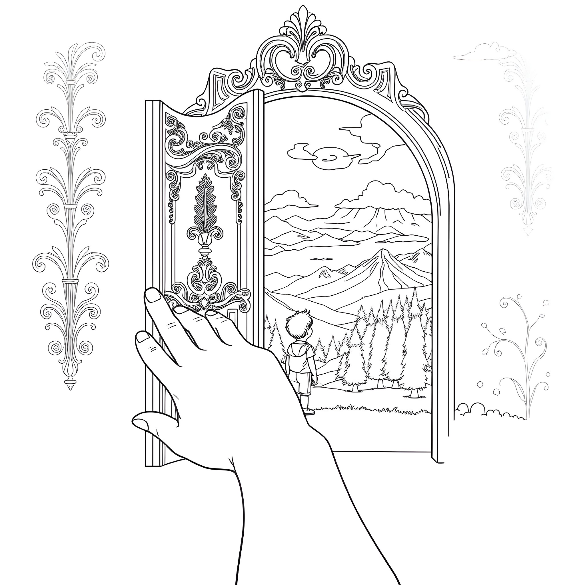 Hand opening an ornate window to a serene landscape Coloring Page (free black-and-white line drawing printable PDF for all, from beginners to advanced learners, including children, teens, adults, and seniors)