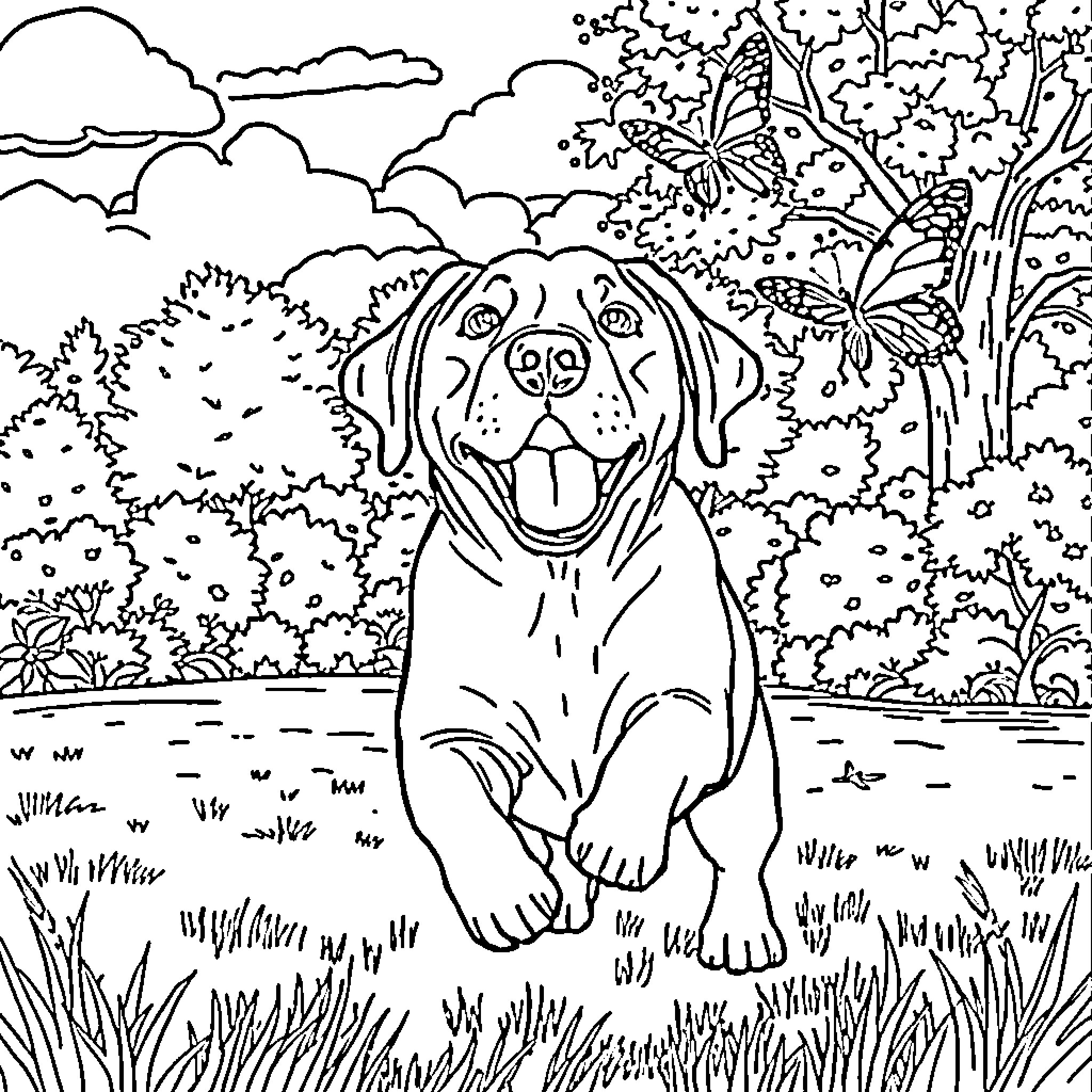Labrador enjoying nature in the park Coloring Page (free black-and-white line drawing printable PDF for all, from beginners to advanced learners, including children, teens, adults, and seniors)