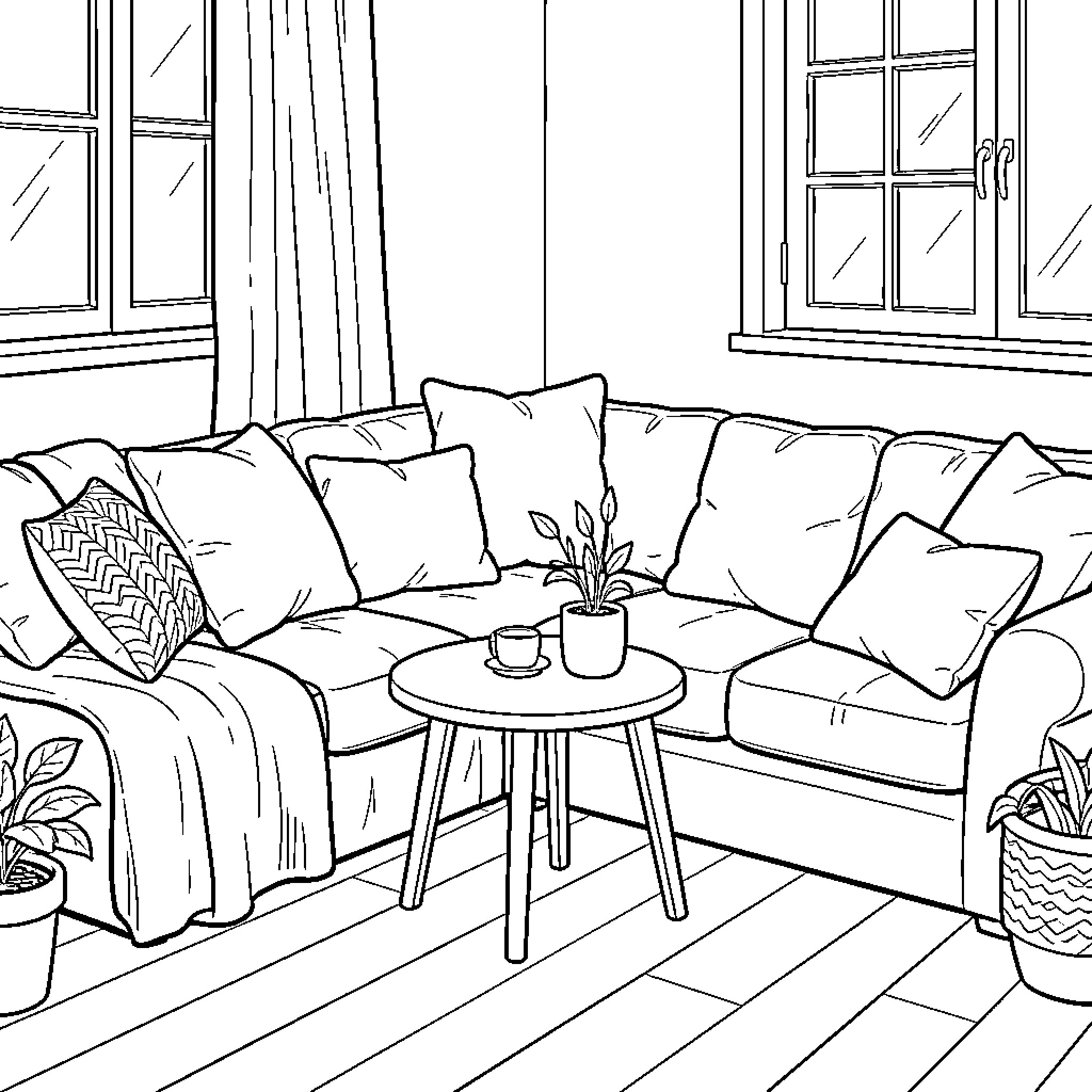 Corner of a cozy living room with comfortable seating Coloring Page (free black-and-white line drawing printable PDF for all, from beginners to advanced learners, including children, teens, adults, and seniors)