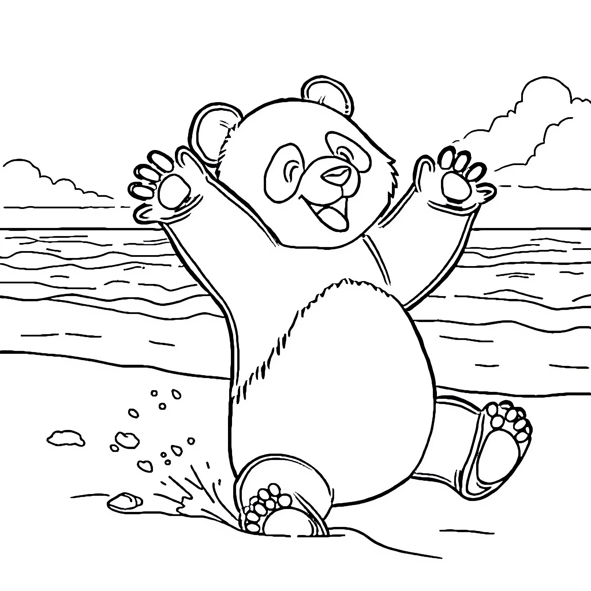 Panda Relaxing and Playing on the Beach Coloring Page (free black-and-white line drawing printable PDF for all, from beginners to advanced learners, including children, teens, adults, and seniors)