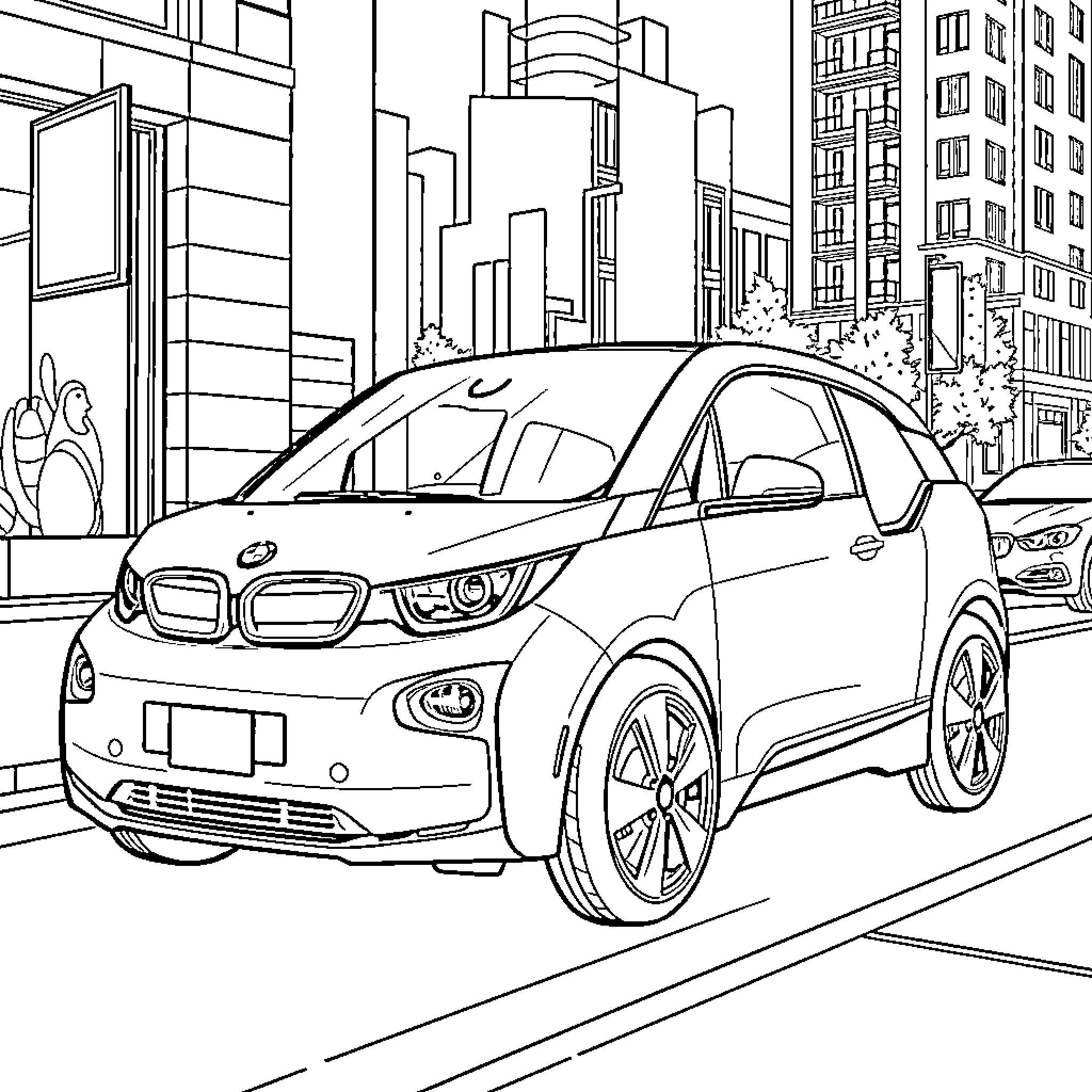 BMW i3 in urban city setting Coloring Page (free black-and-white line drawing printable PDF for all, from beginners to advanced learners, including children, teens, adults, and seniors)