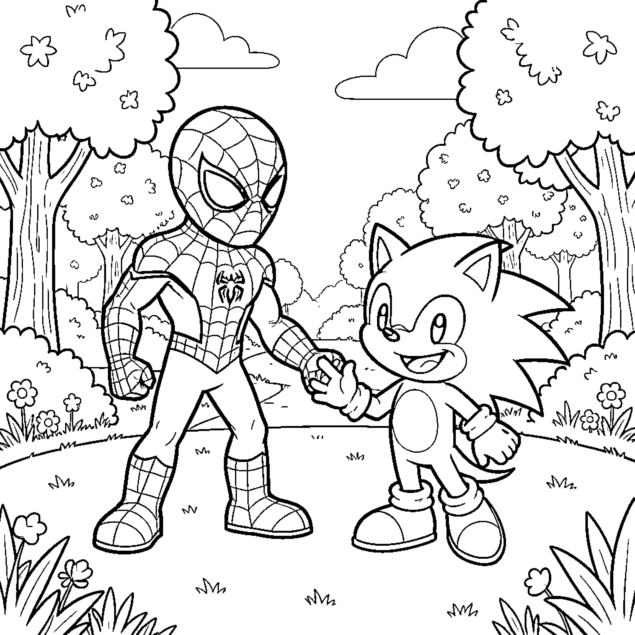 Spiderman and Sonic the Hedgehog in the forest Coloring Page (free black-and-white line drawing printable PDF for all, from beginners to advanced learners, including children, teens, adults, and seniors)