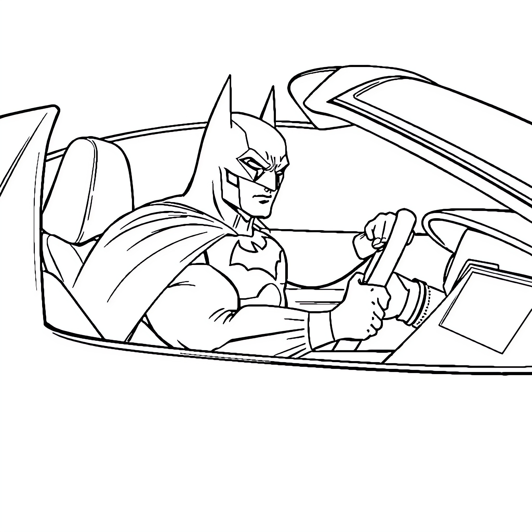 Batman driving his iconic Batmobile Coloring Page (free black-and-white line drawing printable PDF for all, from beginners to advanced learners, including children, teens, adults, and seniors)