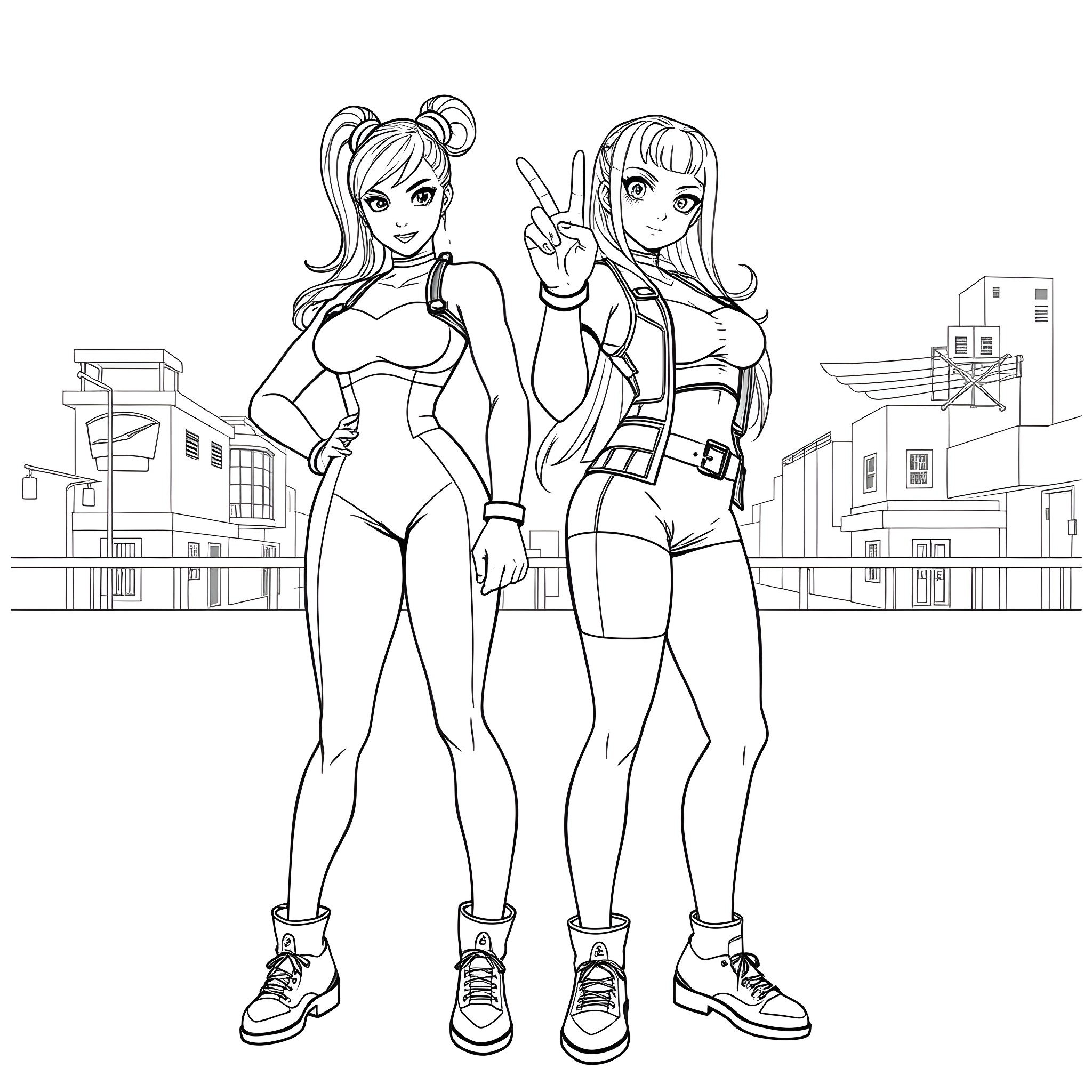 Chun Li and Friend Strike Playful Poses in Urban Setting Coloring Page (free black-and-white line drawing printable PDF for all, from beginners to advanced learners, including children, teens, adults, and seniors)