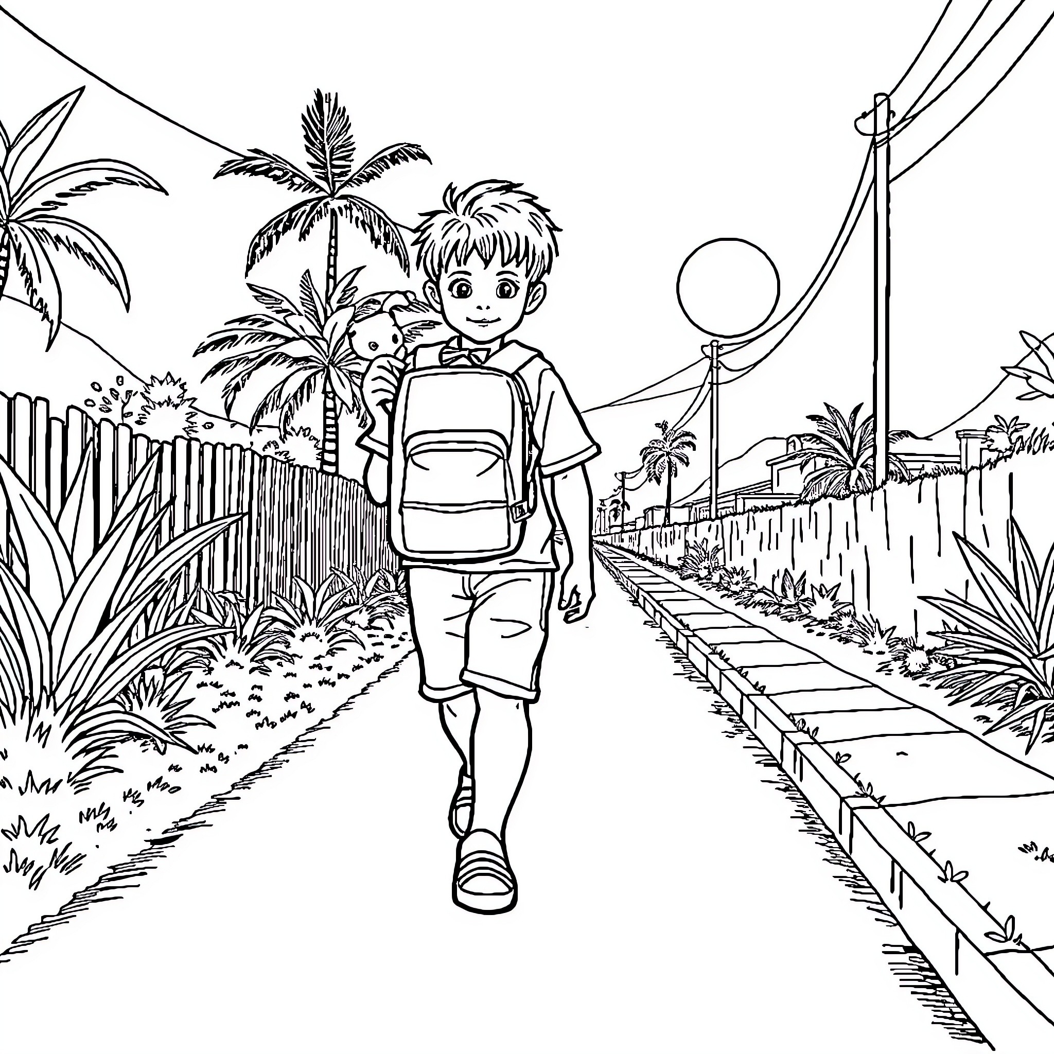 Joven caminando en la naturaleza con mochila Coloring Page (free black-and-white line drawing printable PDF for all, from beginners to advanced learners, including children, teens, adults, and seniors)