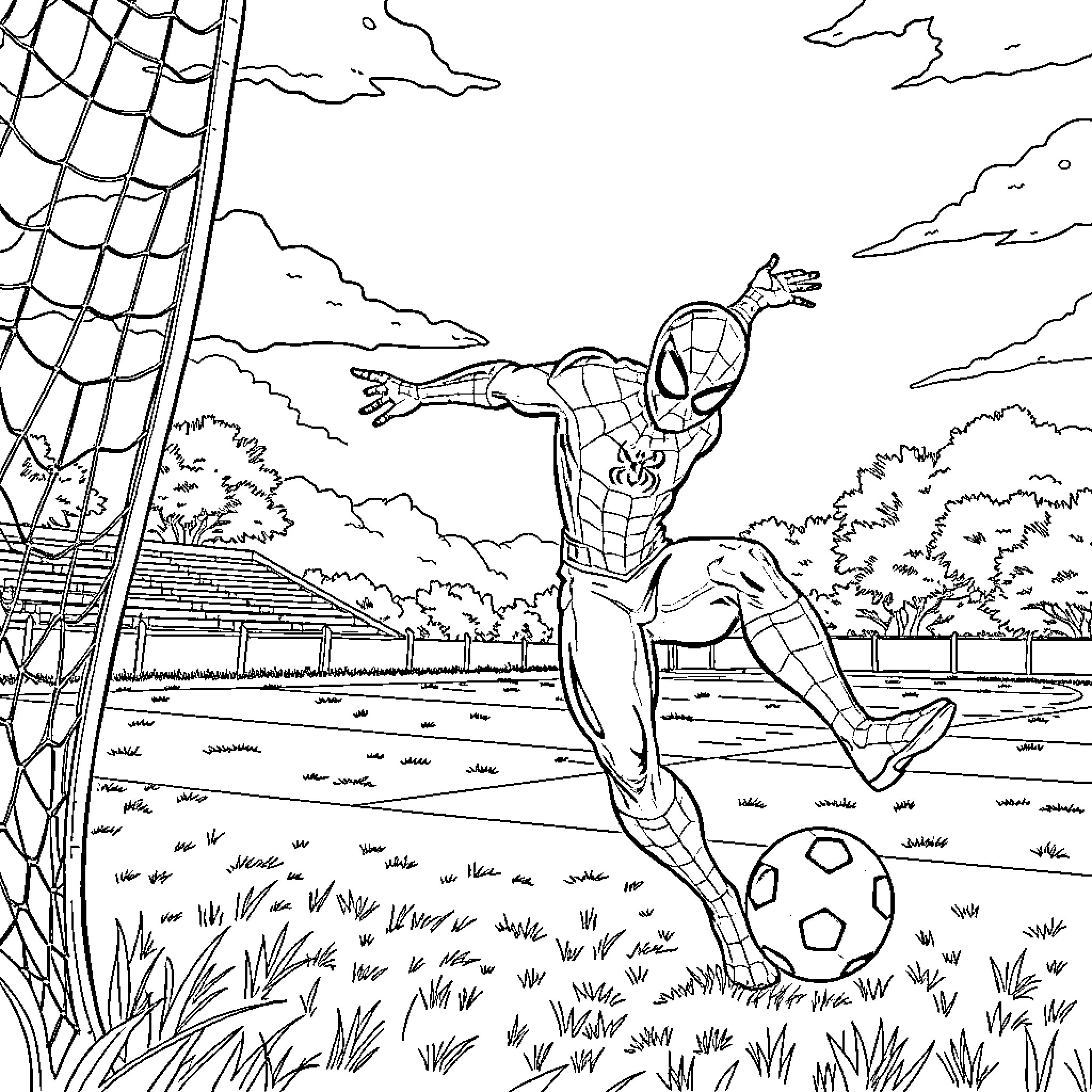 Spiderman swinging through the city on a web Coloring Page (free black-and-white line drawing printable PDF for all, from beginners to advanced learners, including children, teens, adults, and seniors)