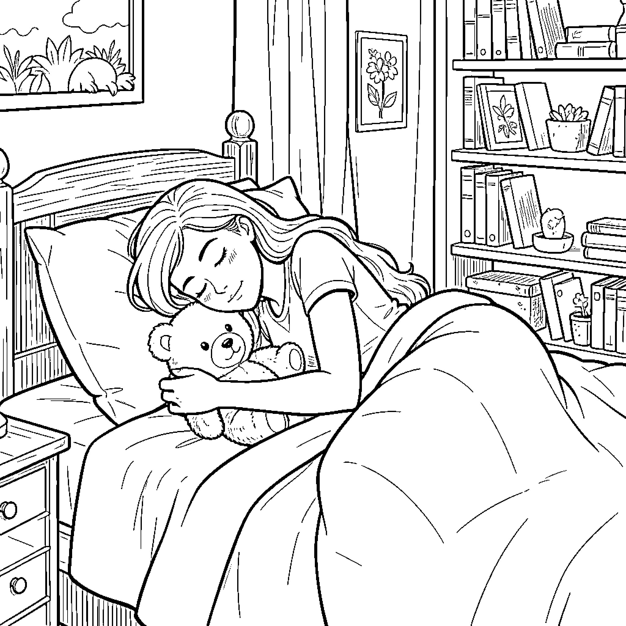 Woman resting peacefully with a stuffed toy in her bedroom Coloring Page (free black-and-white line drawing printable PDF for all, from beginners to advanced learners, including children, teens, adults, and seniors)
