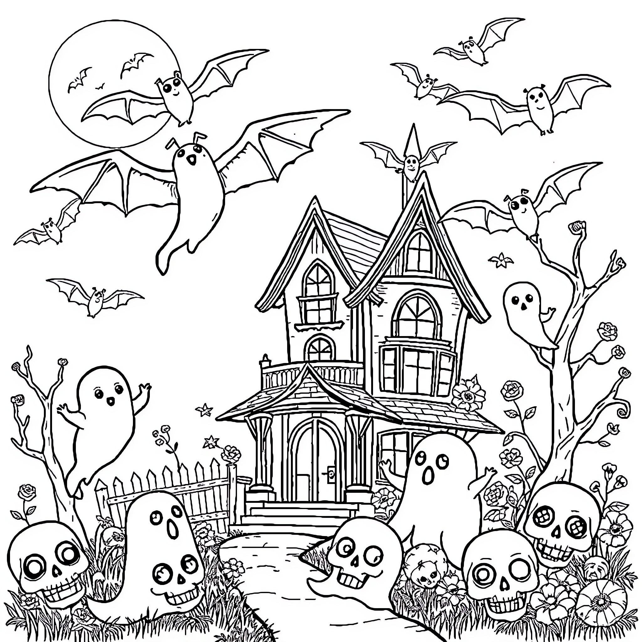 Halloween Haunted House with Bats and Ghosts Coloring Page (free black-and-white line drawing printable PDF for all, from beginners to advanced learners, including children, teens, adults, and seniors)