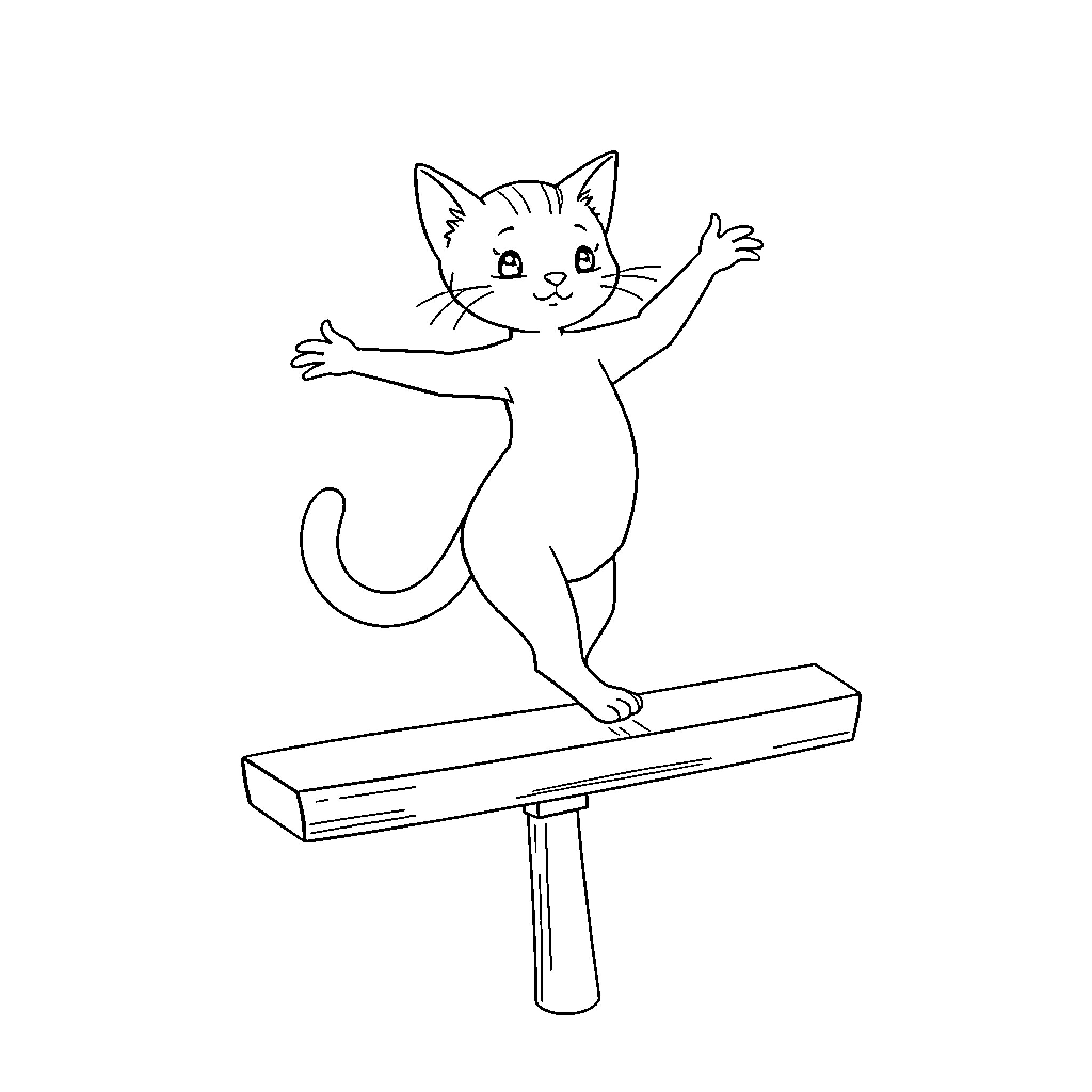 Cat balancing on balance beam Coloring Page (free black-and-white line drawing printable PDF for all, from beginners to advanced learners, including children, teens, adults, and seniors)
