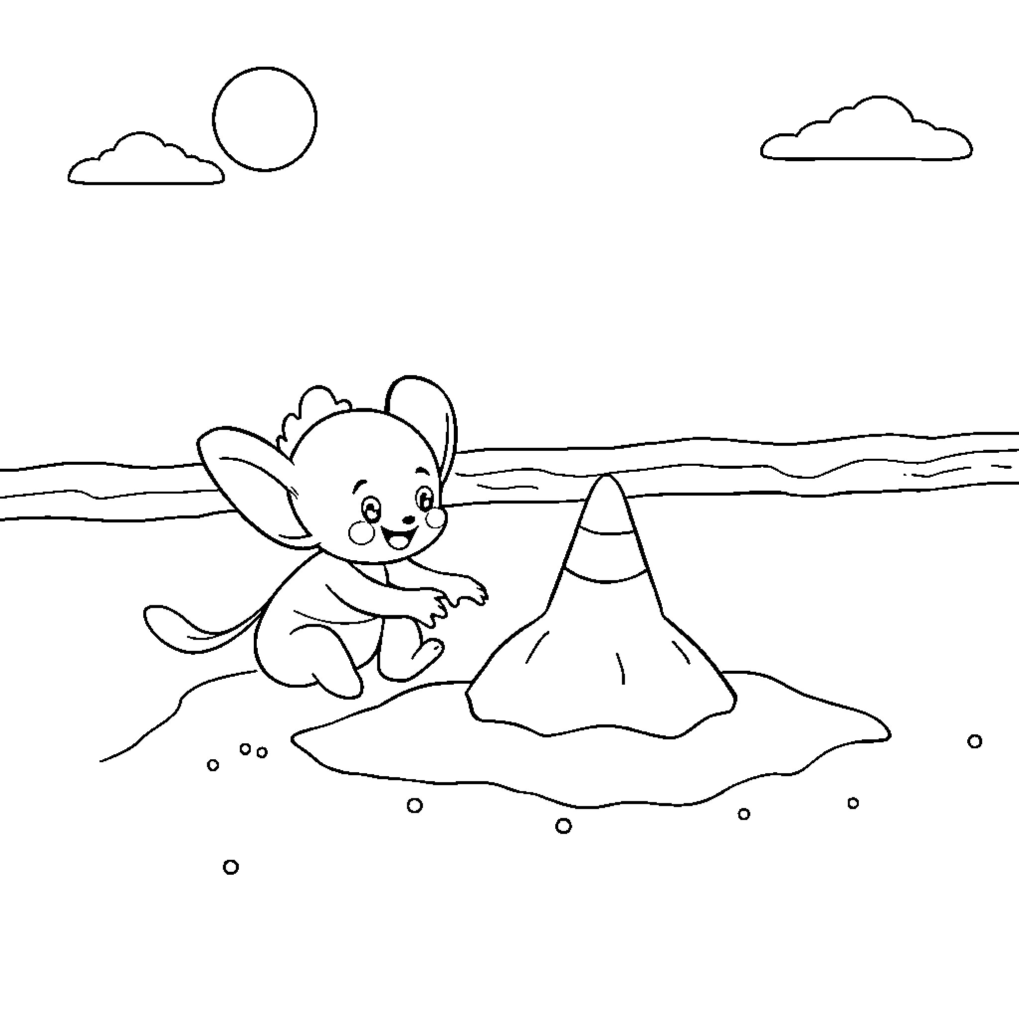 Bluey playing joyfully on the beach Coloring Page (free black-and-white line drawing printable PDF for all, from beginners to advanced learners, including children, teens, adults, and seniors)