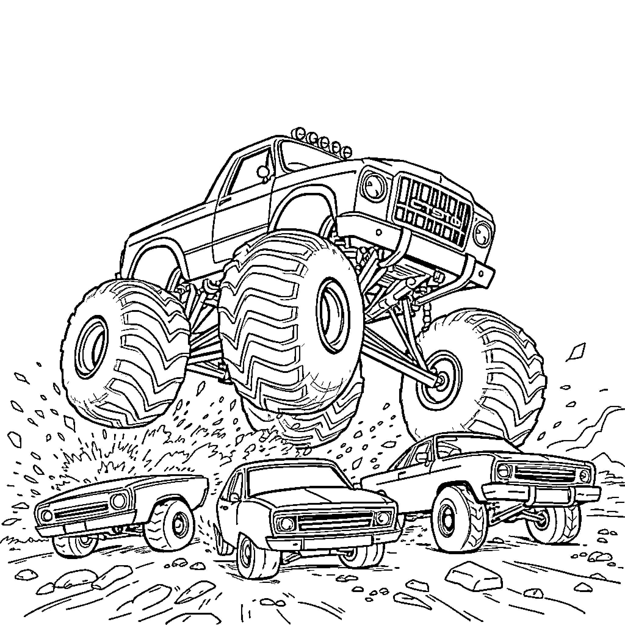Monster Truck crushing smaller vehicles in an off-road scene Coloring Page (free black-and-white line drawing printable PDF for all, from beginners to advanced learners, including children, teens, adults, and seniors)
