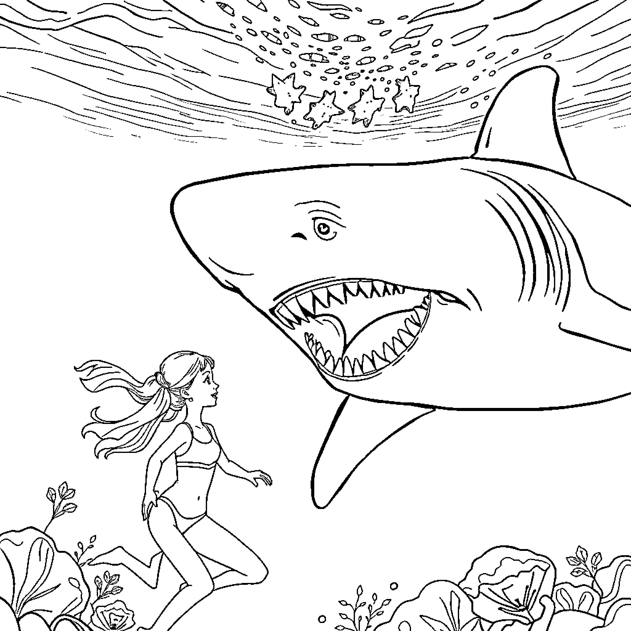Shark chasing adventurous swimmer in the ocean Coloring Page (free black-and-white line drawing printable PDF for all, from beginners to advanced learners, including children, teens, adults, and seniors)