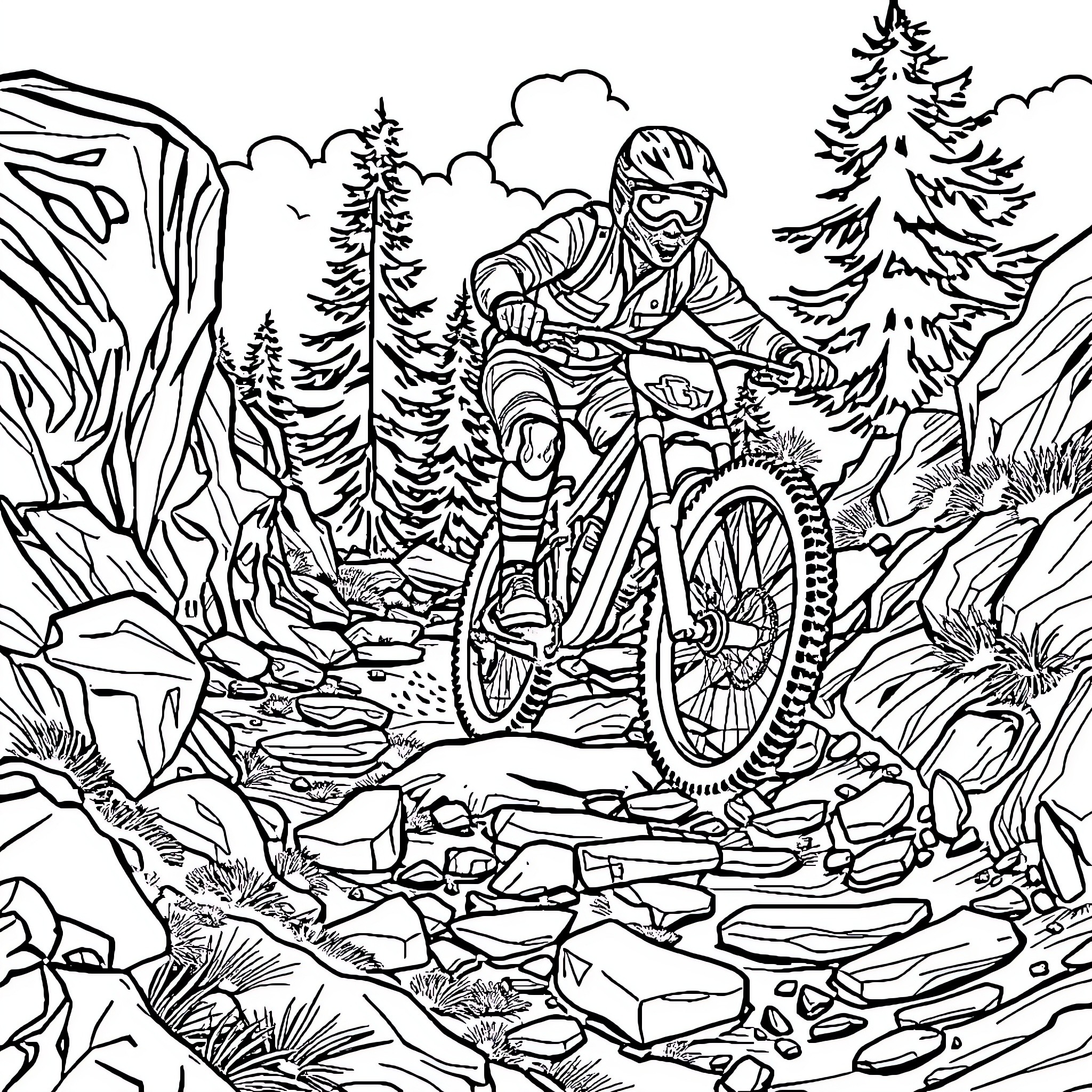 Mountain Bike Adventure in the Forest Coloring Page (free black-and-white line drawing printable PDF for all, from beginners to advanced learners, including children, teens, adults, and seniors)