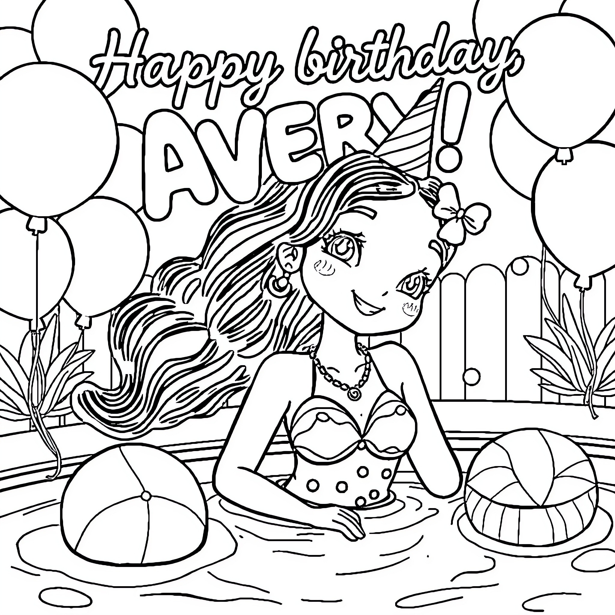 Bluey's Birthday Celebration in the Pool Coloring Page (free black-and-white line drawing printable PDF for all, from beginners to advanced learners, including children, teens, adults, and seniors)