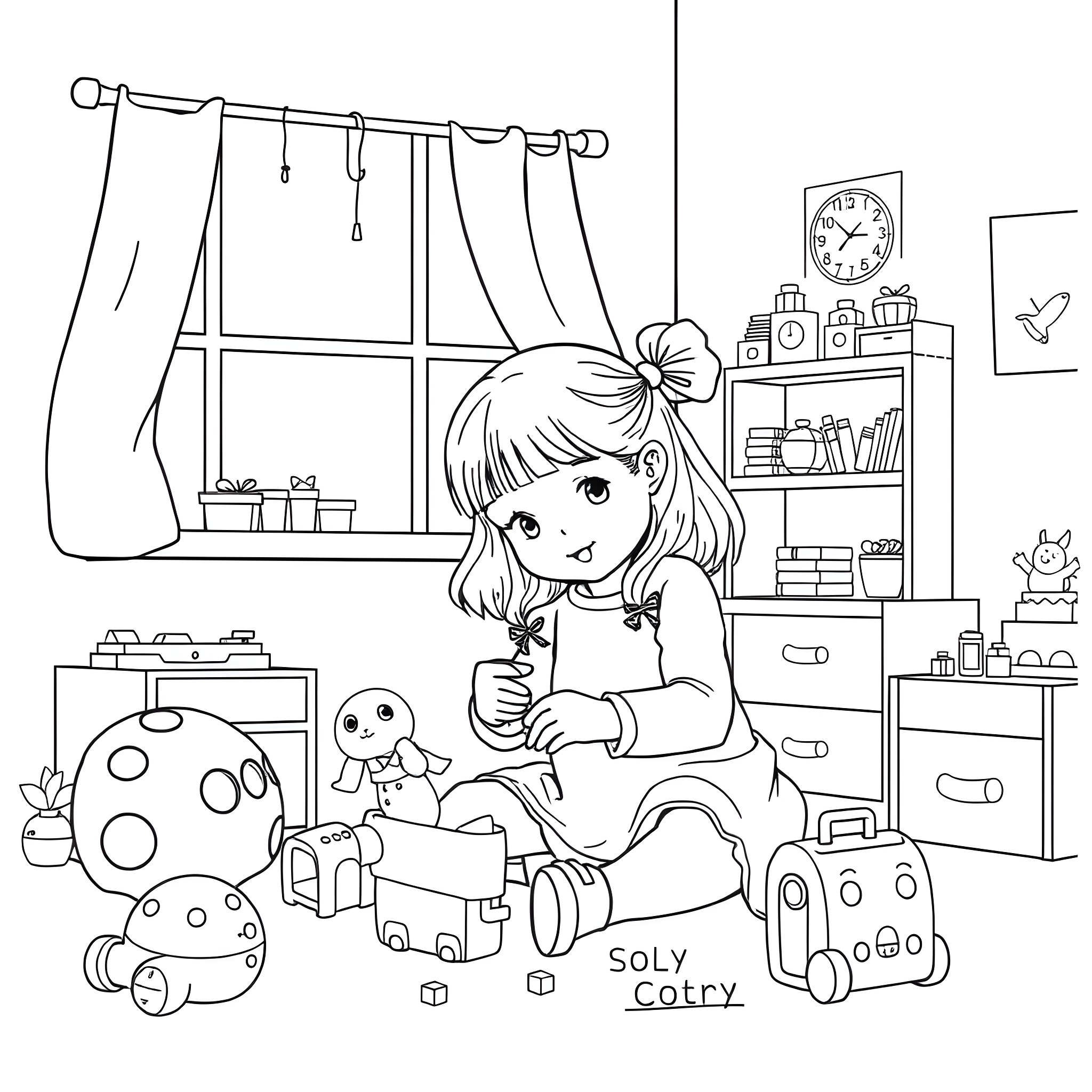 Girl playing with toys in her room Coloring Page (free black-and-white line drawing printable PDF for all, from beginners to advanced learners, including children, teens, adults, and seniors)