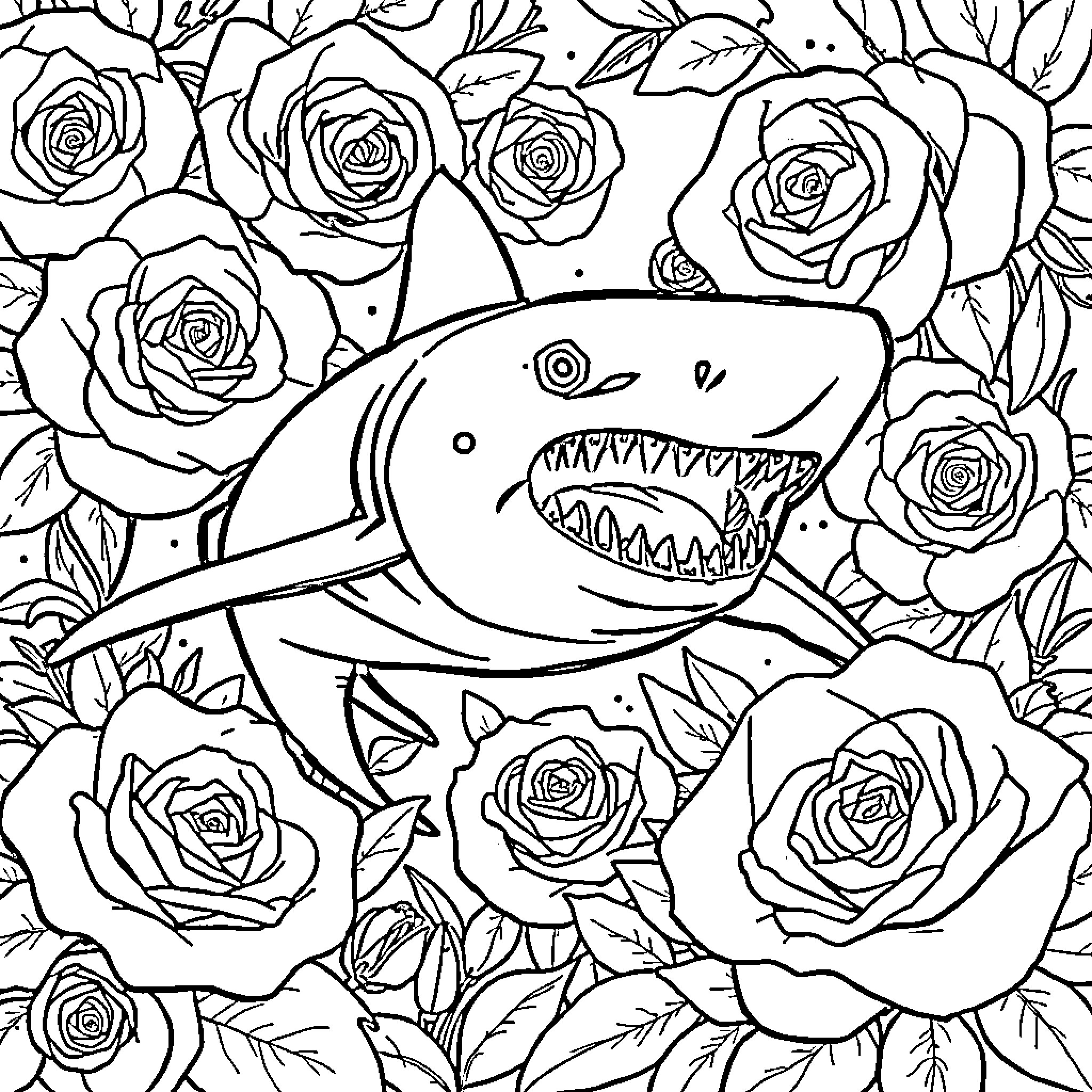 Shark surrounded by roses Coloring Page (free black-and-white line drawing printable PDF for all, from beginners to advanced learners, including children, teens, adults, and seniors)