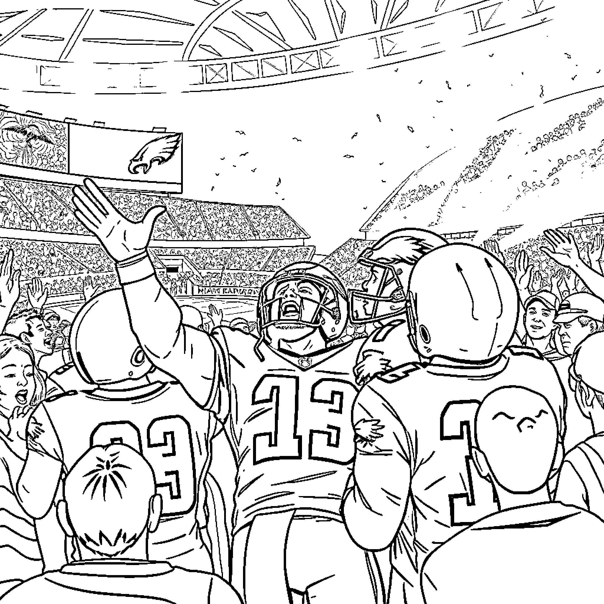 Eagle Fans Cheering Enthusiastically at Football Stadium Coloring Page (free black-and-white line drawing printable PDF for all, from beginners to advanced learners, including children, teens, adults, and seniors)