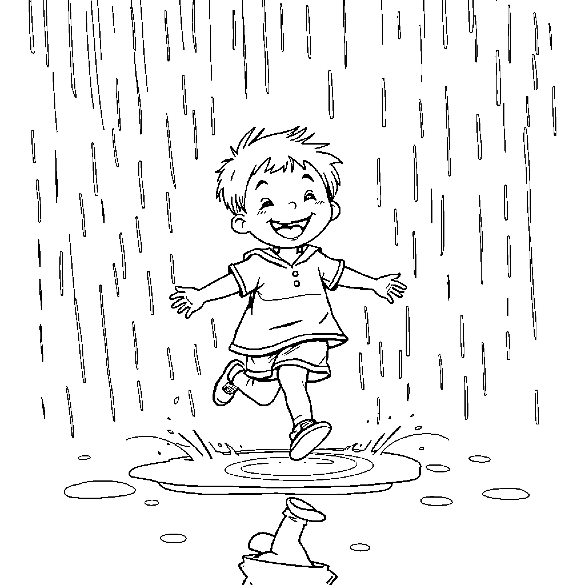 Child enjoying the rain in a puddle Coloring Page (free black-and-white line drawing printable PDF for all, from beginners to advanced learners, including children, teens, adults, and seniors)