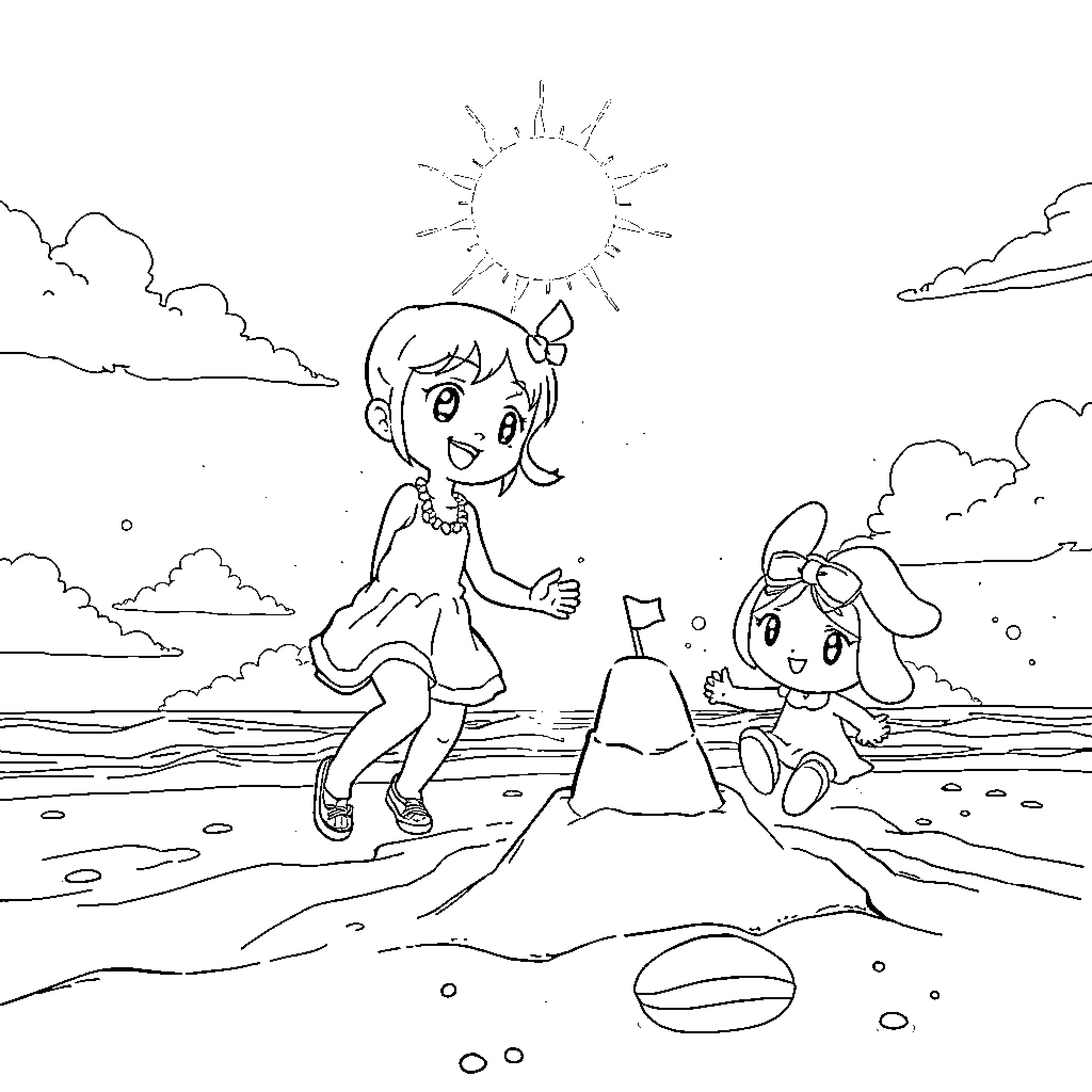 Kuromi and My Melody playing on the beach Coloring Page (free black-and-white line drawing printable PDF for all, from beginners to advanced learners, including children, teens, adults, and seniors)