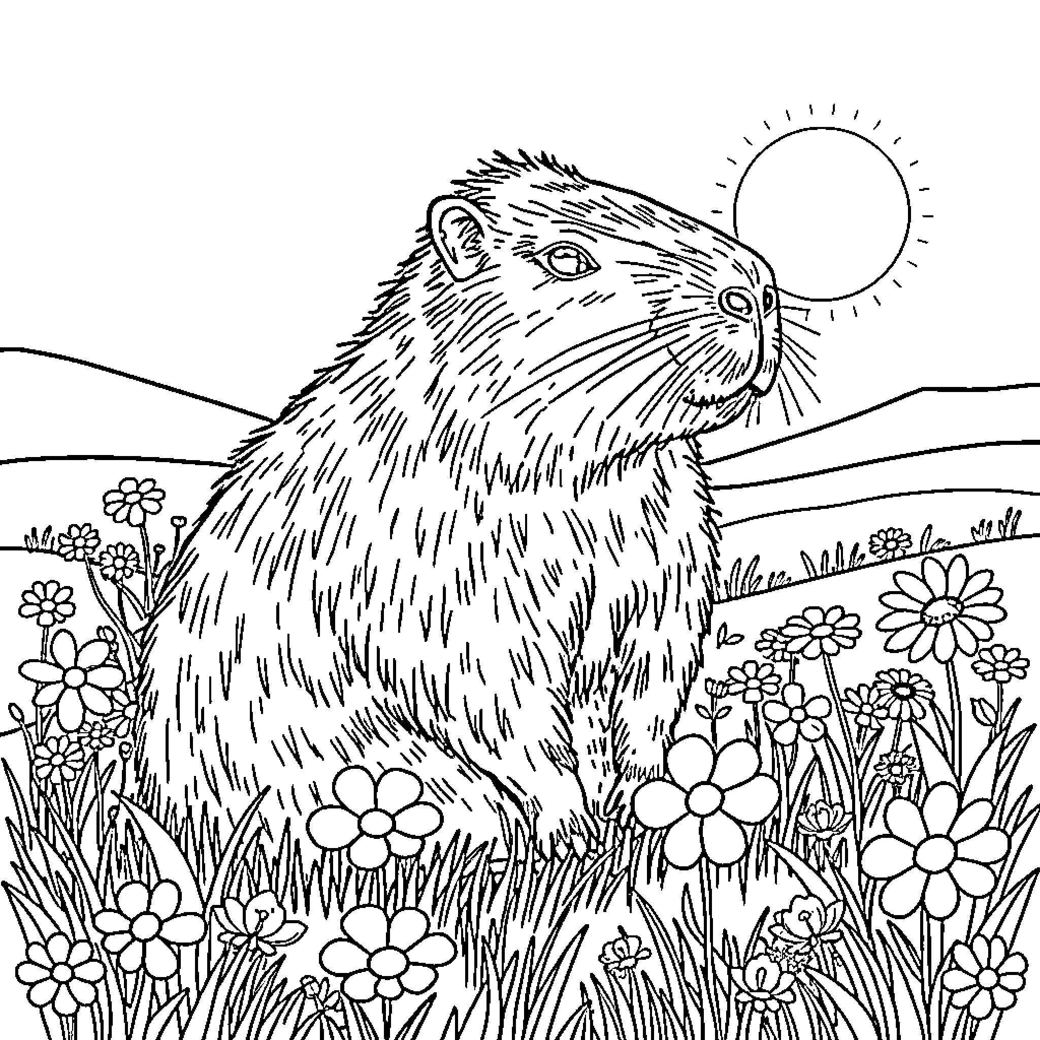 Capybara enjoying the sunny day in a meadow Coloring Page (free black-and-white line drawing printable PDF for all, from beginners to advanced learners, including children, teens, adults, and seniors)