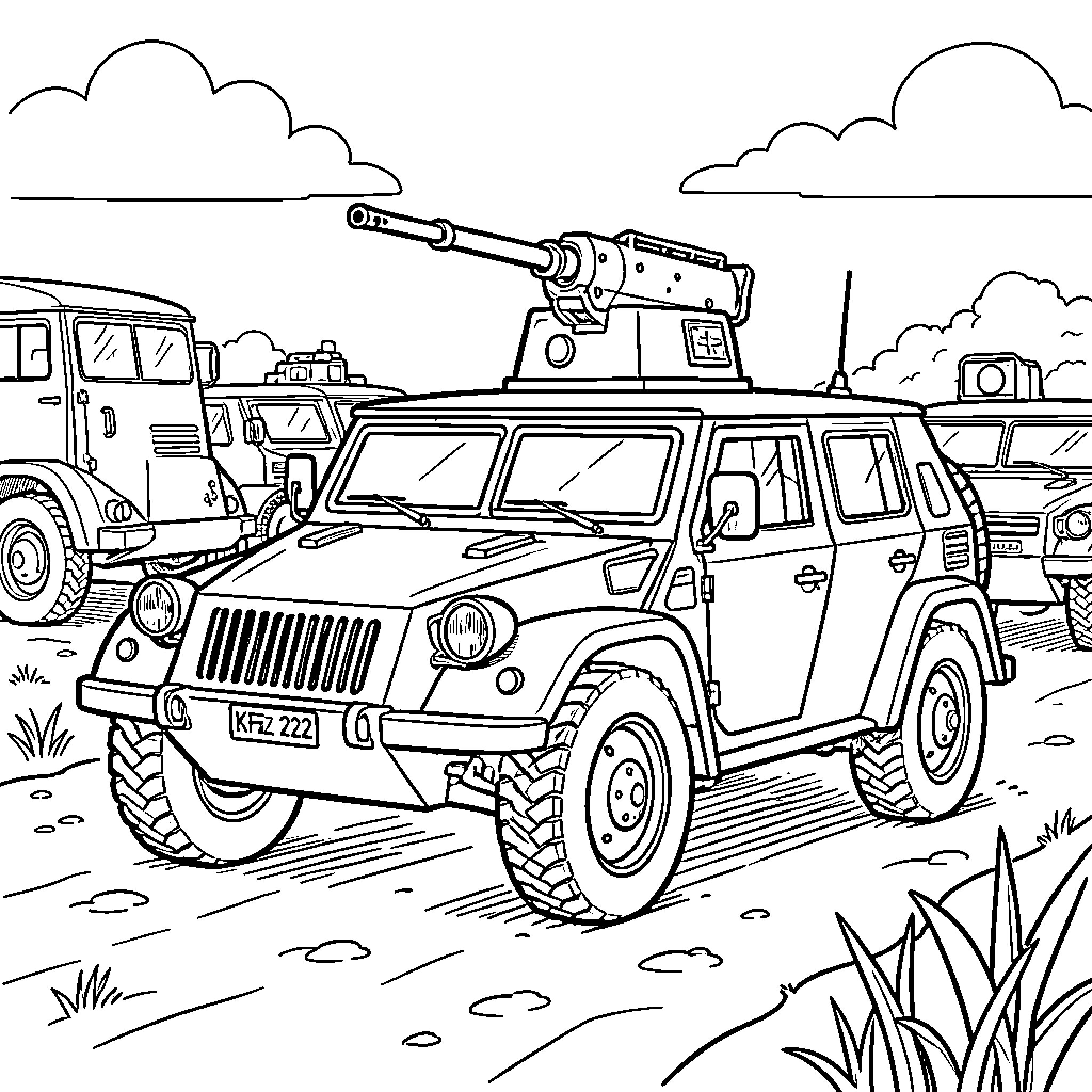 Kfz 222 armored vehicle driving through the landscape Coloring Page (free black-and-white line drawing printable PDF for all, from beginners to advanced learners, including children, teens, adults, and seniors)