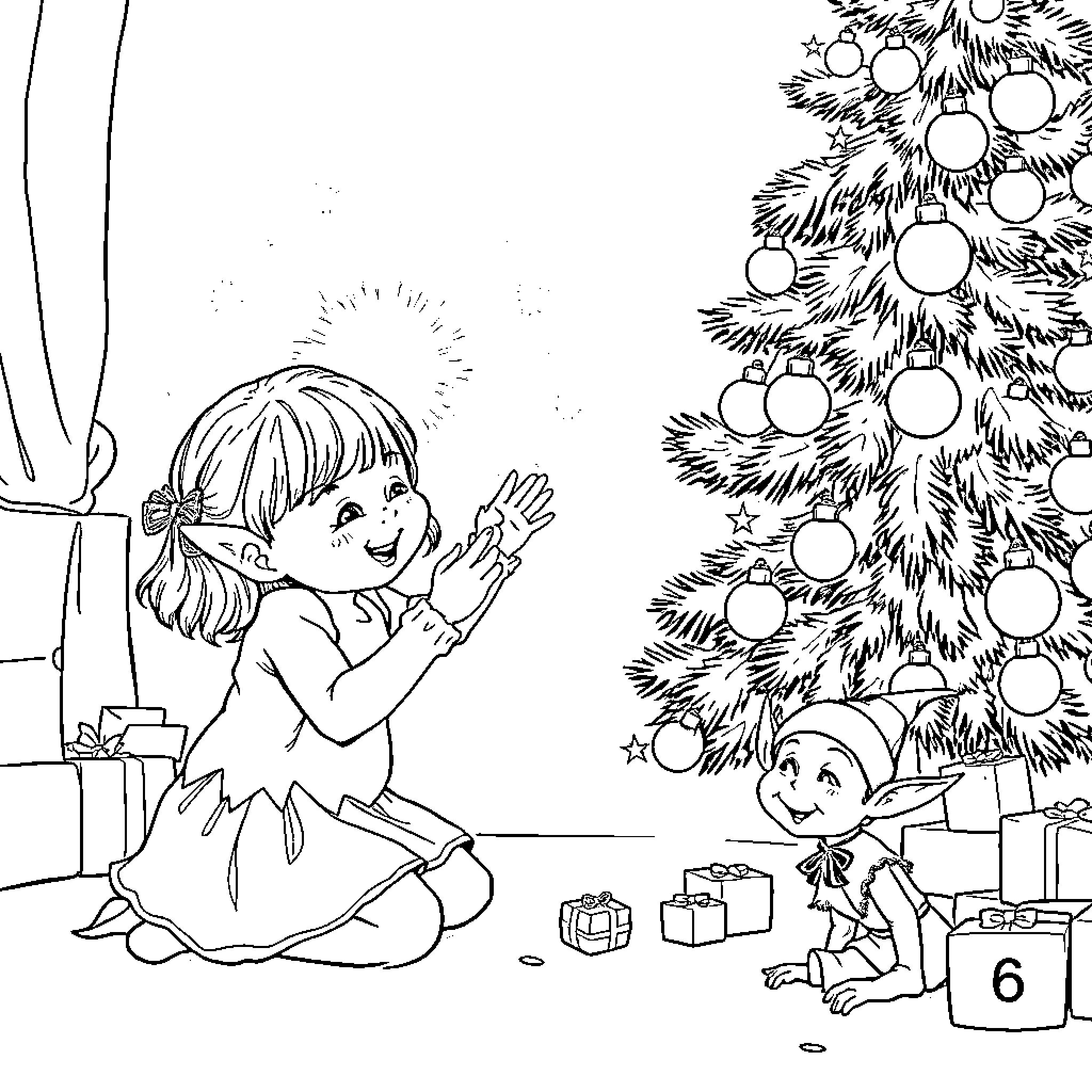 Girl excitedly playing with gifts under Christmas tree Coloring Page (free black-and-white line drawing printable PDF for all, from beginners to advanced learners, including children, teens, adults, and seniors)