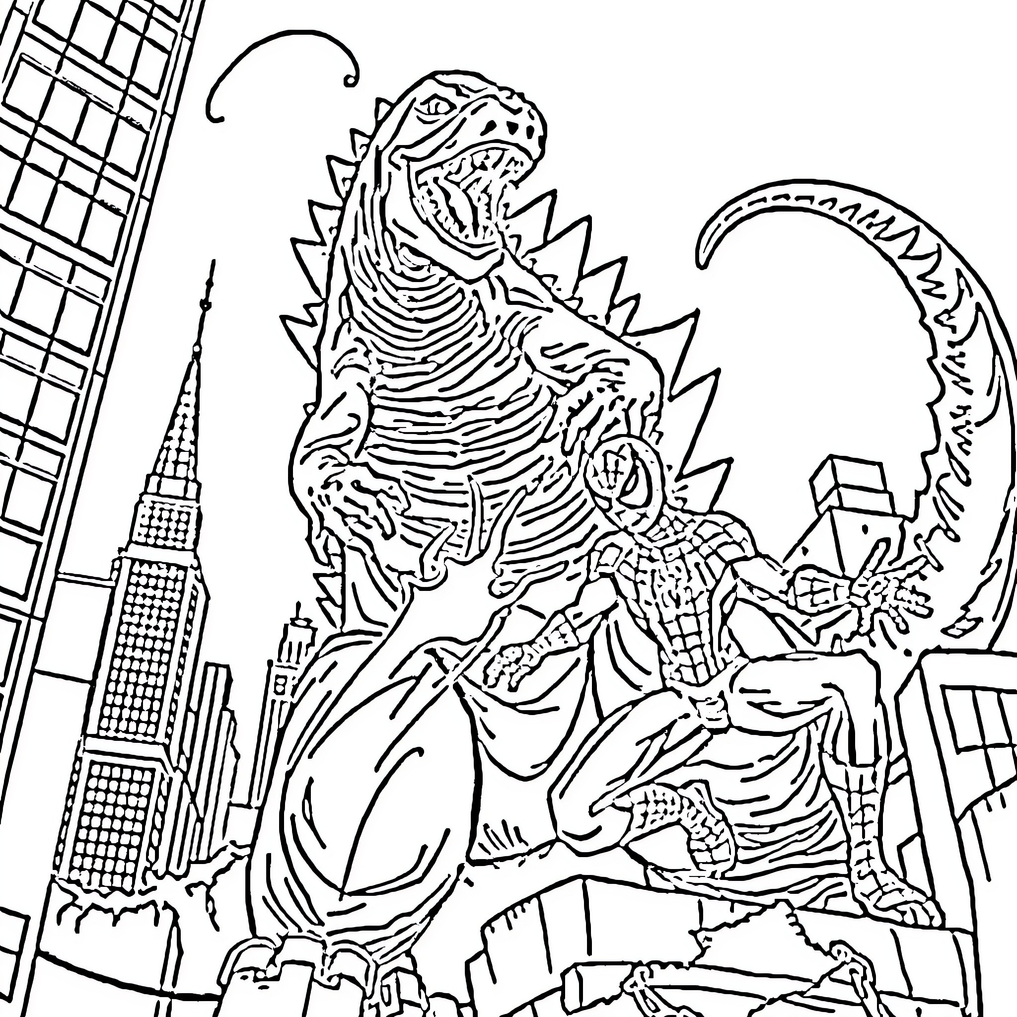 Godzilla rampaging through the city skyline Coloring Page (free black-and-white line drawing printable PDF for all, from beginners to advanced learners, including children, teens, adults, and seniors)