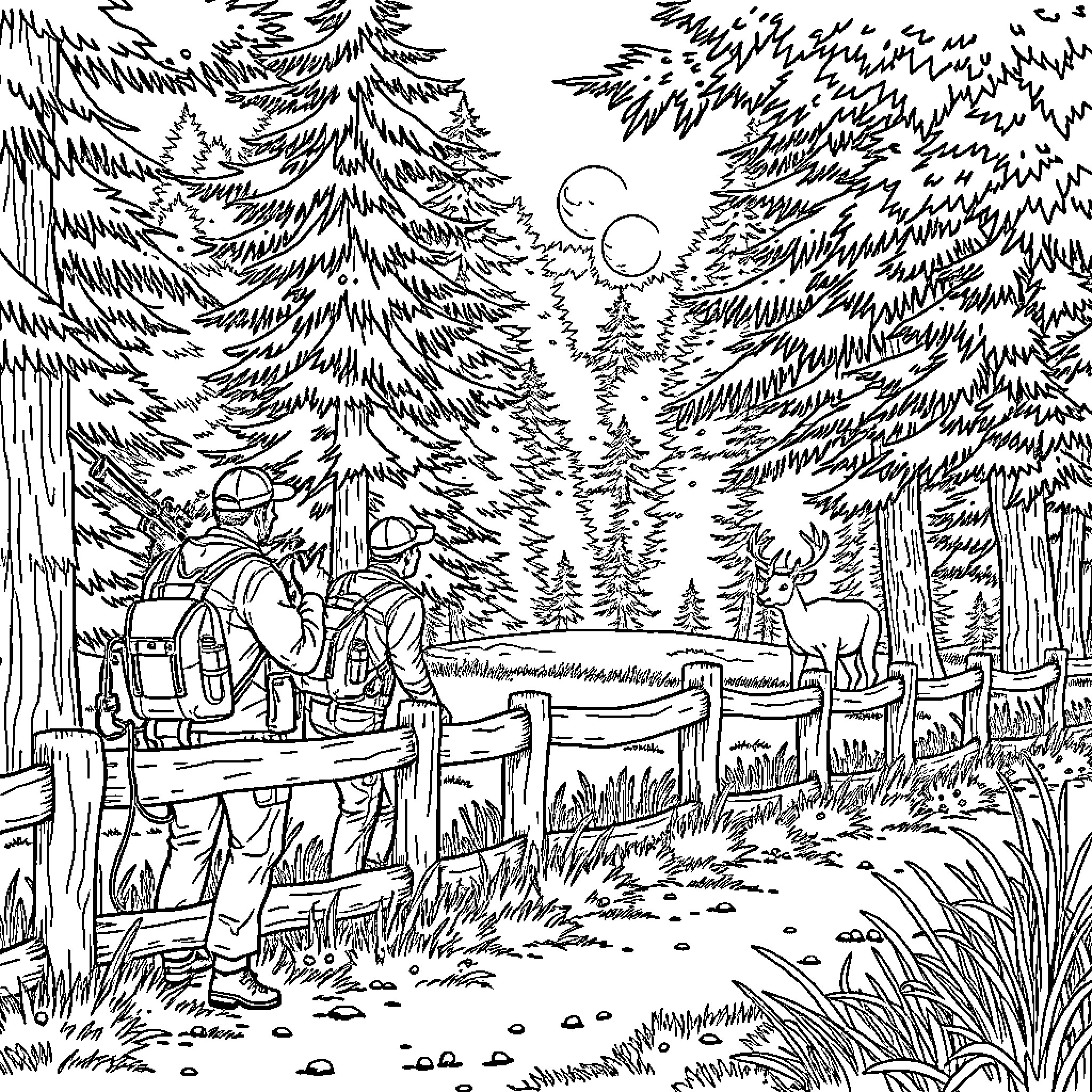 Deer Hiking Adventure in the Forest Coloring Page (free black-and-white line drawing printable PDF for all, from beginners to advanced learners, including children, teens, adults, and seniors)