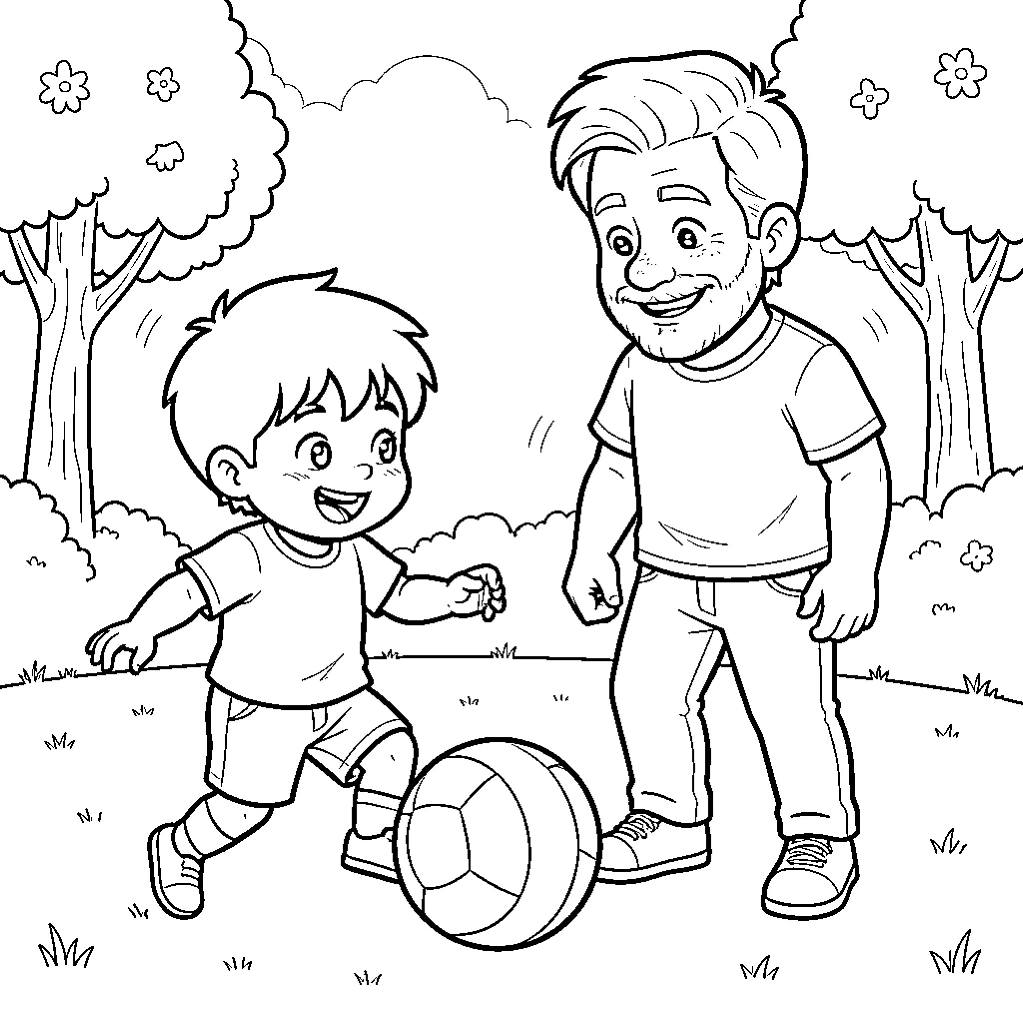 Niño playing soccer with adult in the park Coloring Page (free black-and-white line drawing printable PDF for all, from beginners to advanced learners, including children, teens, adults, and seniors)